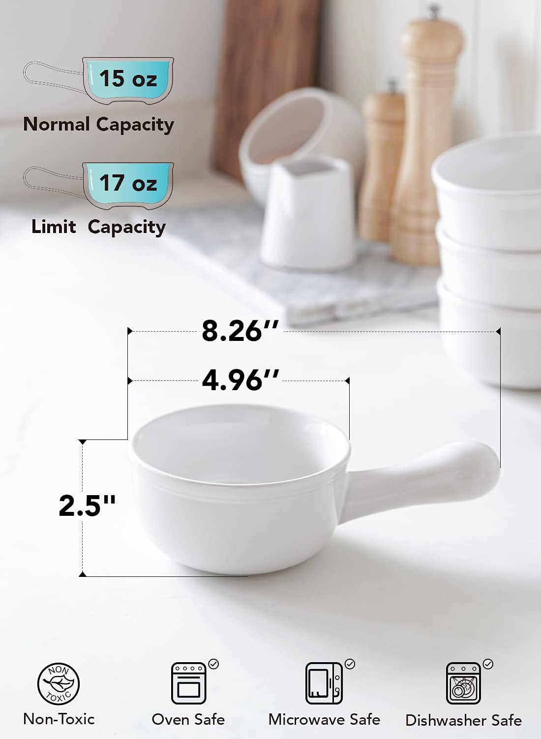 LE TAUCI Soup Bowls with Handle, 15 Oz Ceramic French Onion Soup Bowls, Large Soup Crocks Oven Safe for Stew, Onion, Soup, Chilli, Set of 4, White