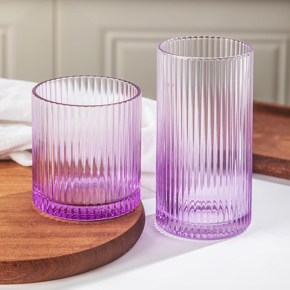 Ribbed Drinking Glasses 8pcs, 12oz and 10oz Glassware, Tumbler Glasses Cup Set for Wedding, Party, Christmas Gift, Clear