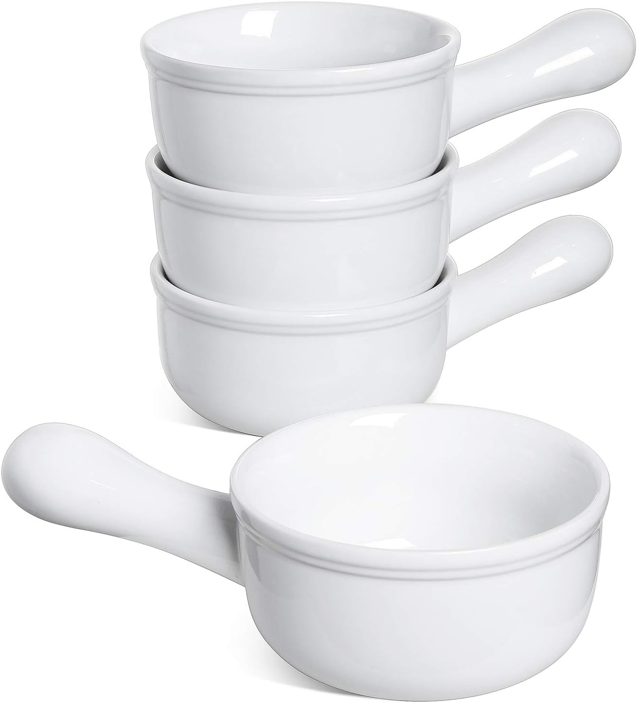 LE TAUCI Soup Bowls with Handle, 15 Oz Ceramic French Onion Soup Bowls, Large Soup Crocks Oven Safe for Stew, Onion, Soup, Chilli, Set of 4, White