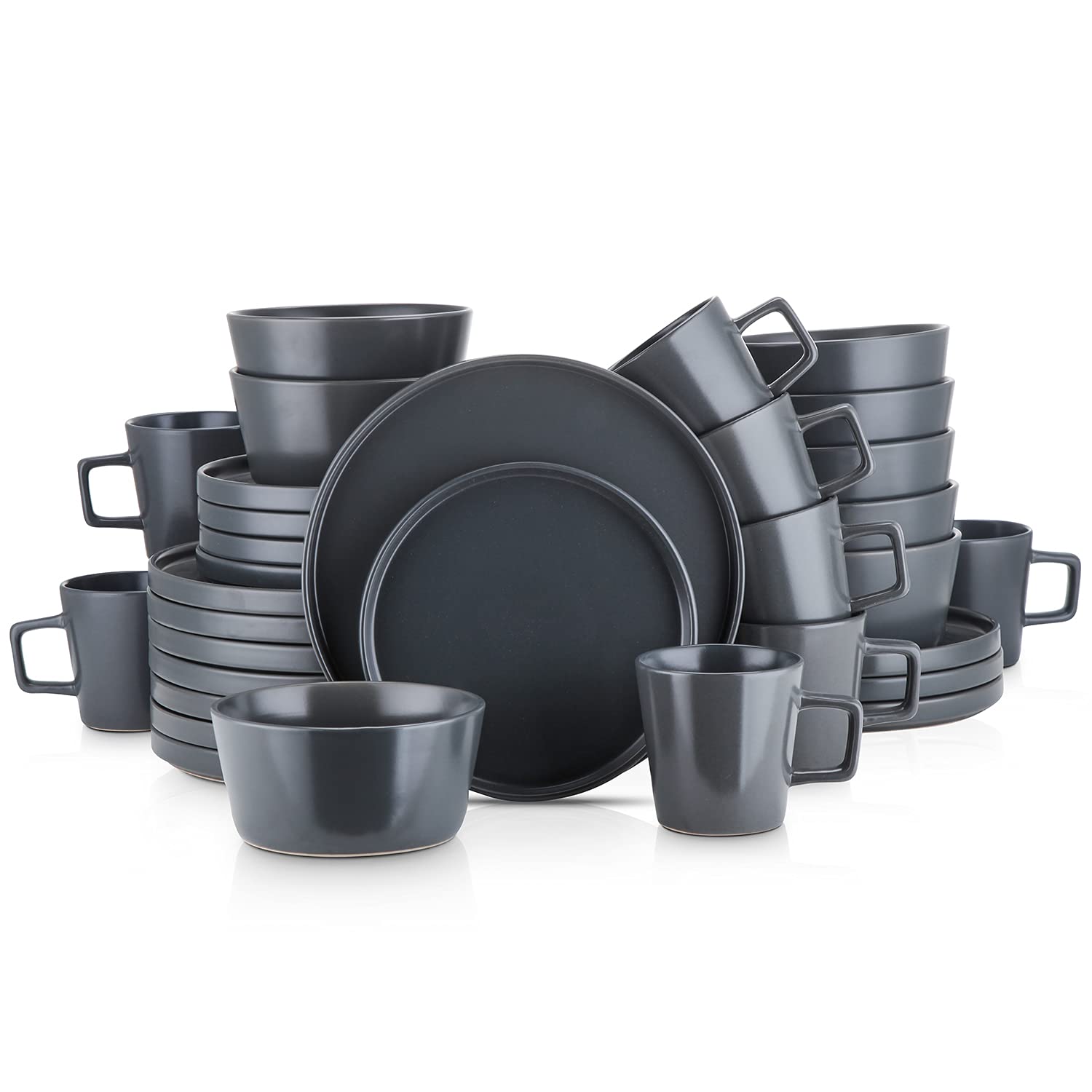 Stone Lain Celina Stoneware 16 Piece Dinnerware Set, Plates and Bowls, Black Matte Dish, Service for 4 – Minimalist Round Style, Microwave & Dishwasher Safe
