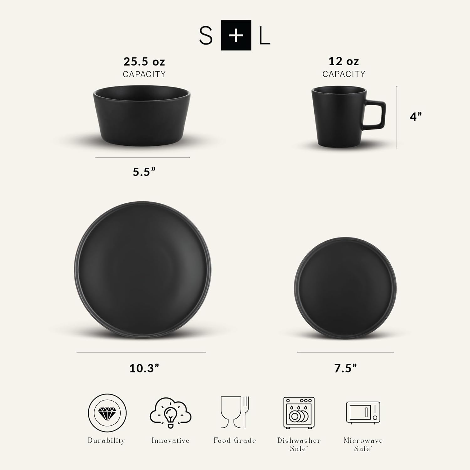 Stone Lain Celina Stoneware 16 Piece Dinnerware Set, Plates and Bowls, Black Matte Dish, Service for 4 – Minimalist Round Style, Microwave & Dishwasher Safe