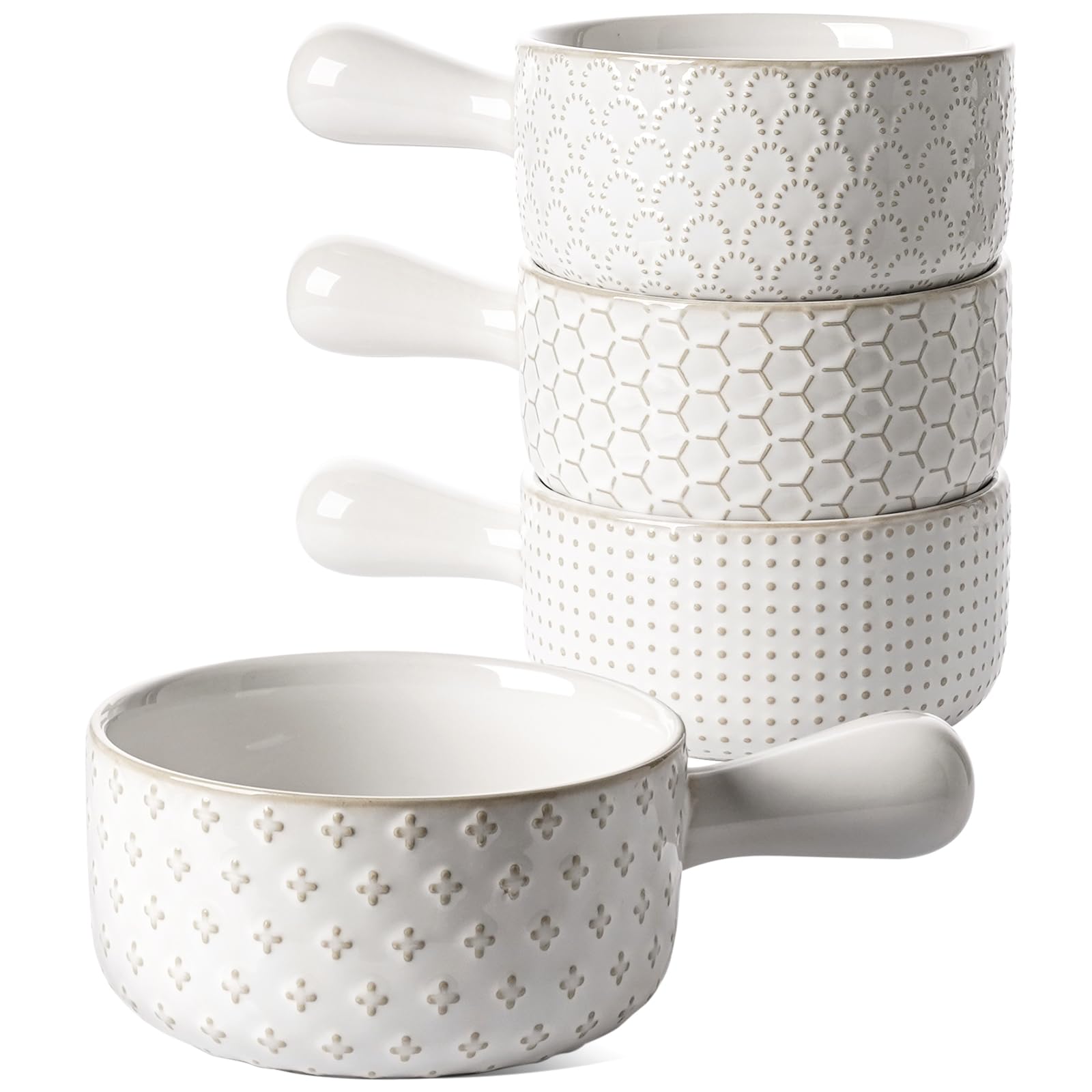 LE TAUCI Soup Bowls with Handle, 15 Oz Ceramic French Onion Soup Bowls, Large Soup Crocks Oven Safe for Stew, Onion, Soup, Chilli, Set of 4, White