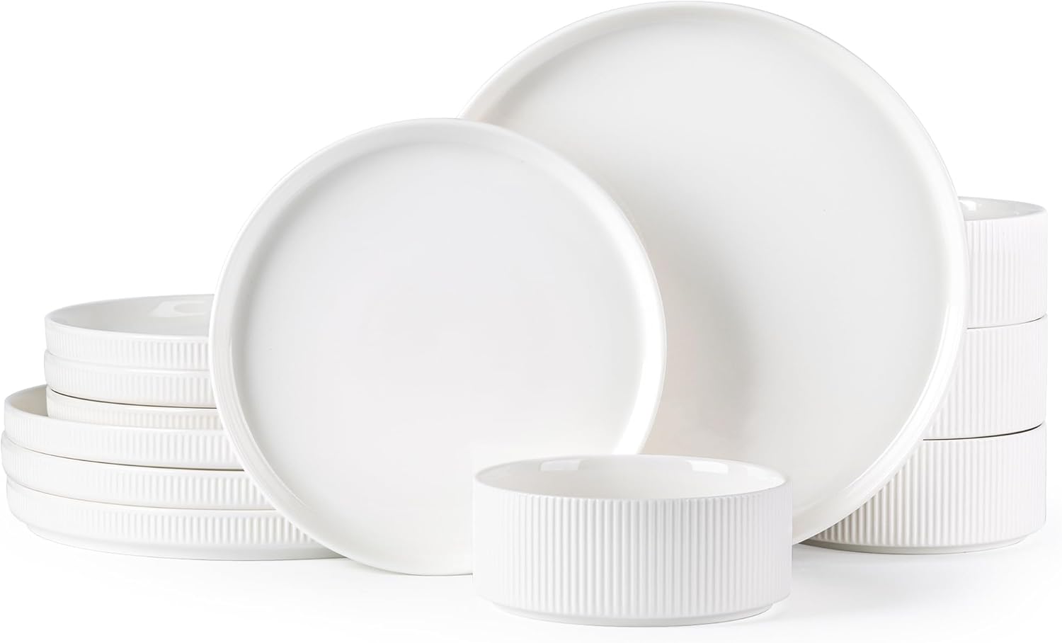 TheTerra Ceramic Dinnerware Sets for 4, 12 Pieces Porcelain Lightweight Plates and Bowls Sets, Scratch Resistant Dish Set, Oven & Microwave & Dishwasher Safe, Bright White