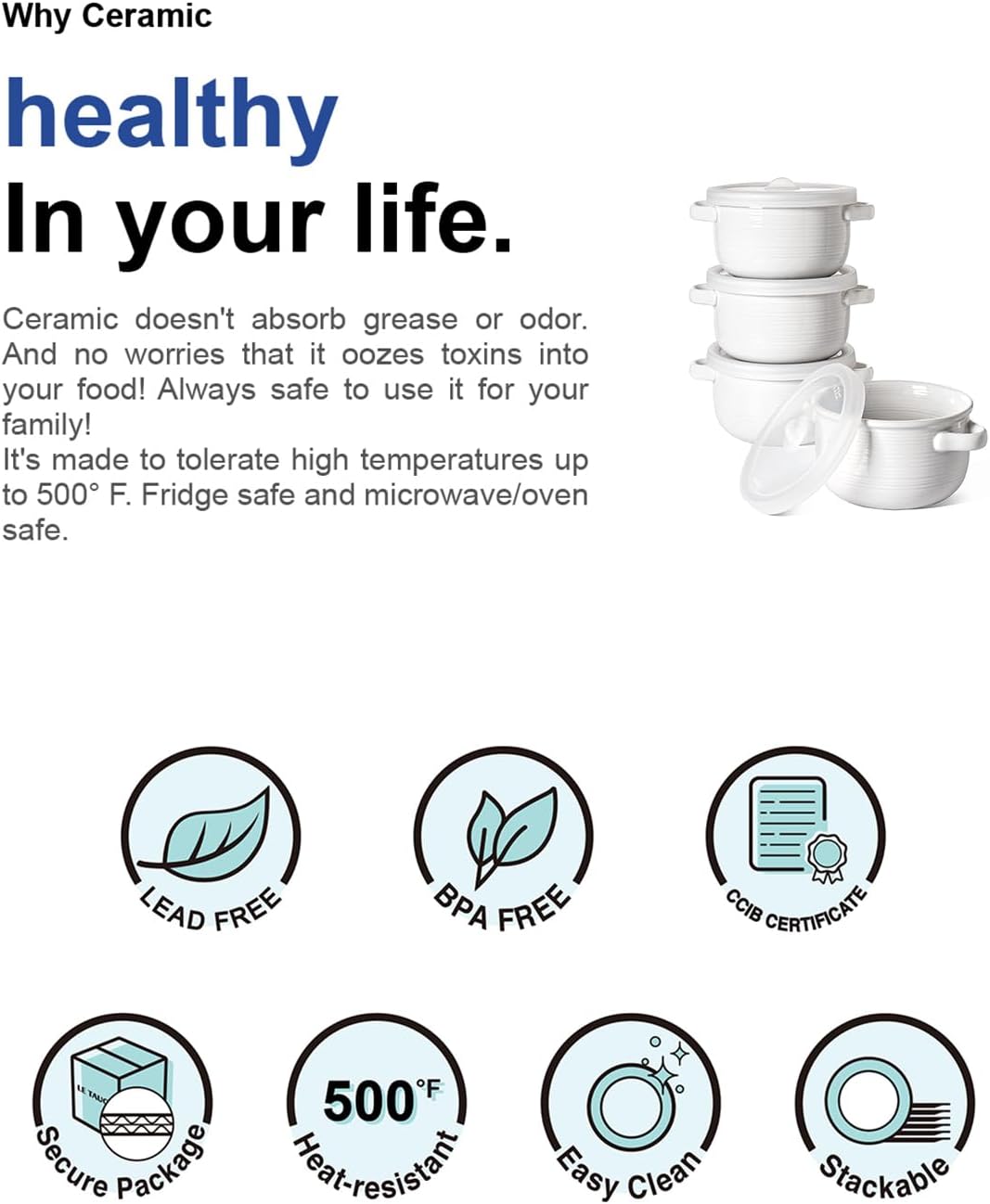 LE TAUCI Tazones de sopa con asas y tapas de silicona, cuencos de cerámica de 28 onzas de cebolla francesa, aptos para horno y microondas, para cereales, chiles y estofados, platos de sopa no tóxicos,
