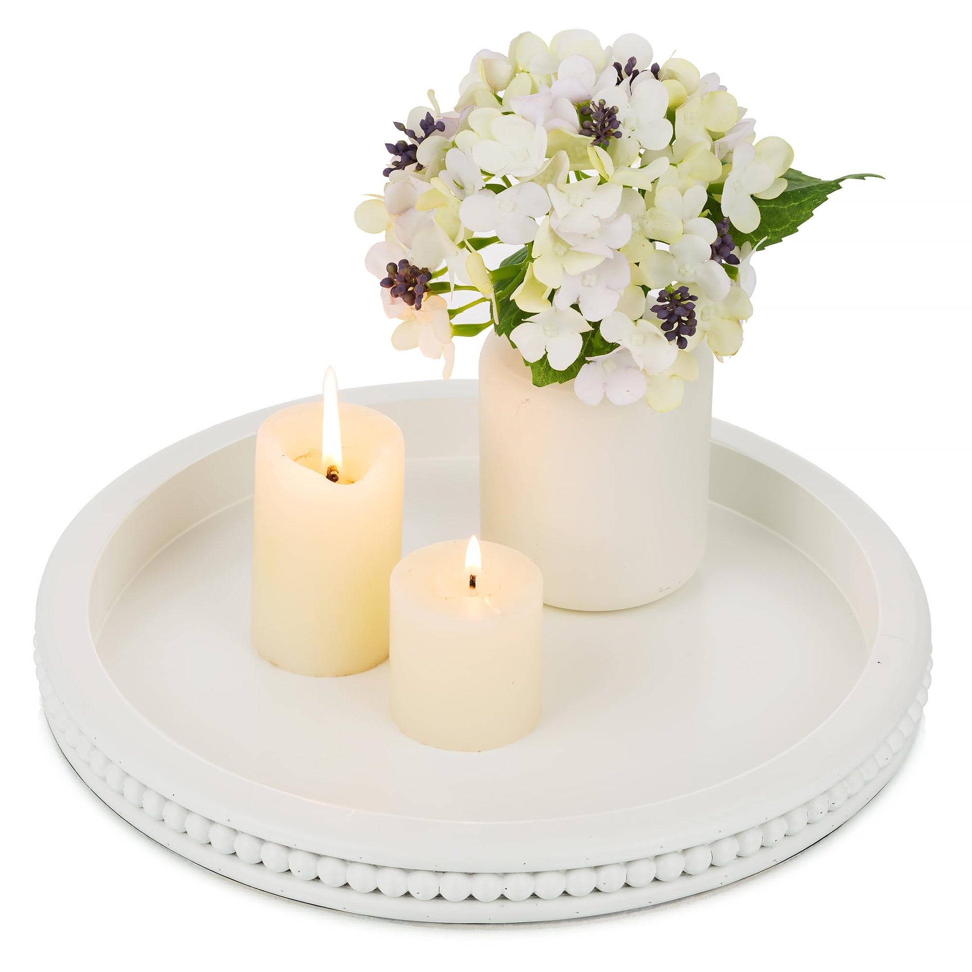 Hanobe Decorative Serving Tray Wood: White Washed Bead Round Tray Decor for Coffee Table Rustic Wooden Trays Farmhouse Centerpiece for Living Room Kitchen Counter