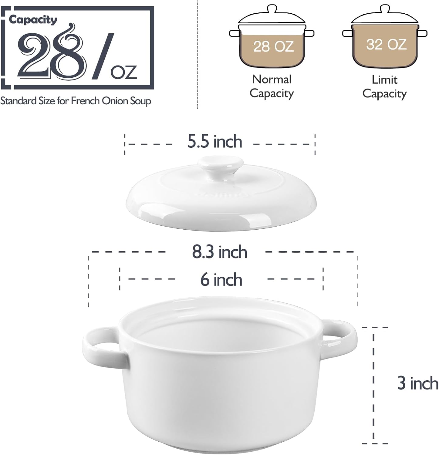 DELLING 28 Oz Soup Bowls with Handles and Lids, Large French Onion Soup Bowls, Ceramic Soup Crocks for French Onion, Oven Safe Bowls for Chili, Beef Stew, Cereal, Pot Pies, Bowls Set of 4, White
