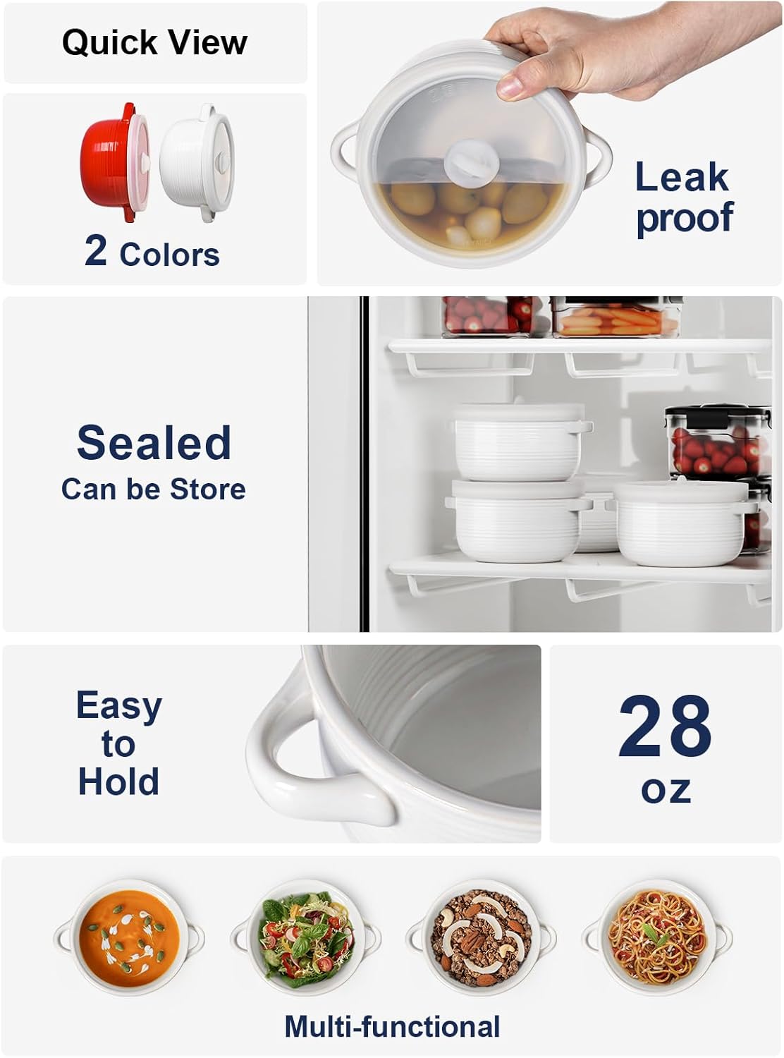 LE TAUCI Tazones de sopa con asas y tapas de silicona, cuencos de cerámica de 28 onzas de cebolla francesa, aptos para horno y microondas, para cereales, chiles y estofados, platos de sopa no tóxicos,