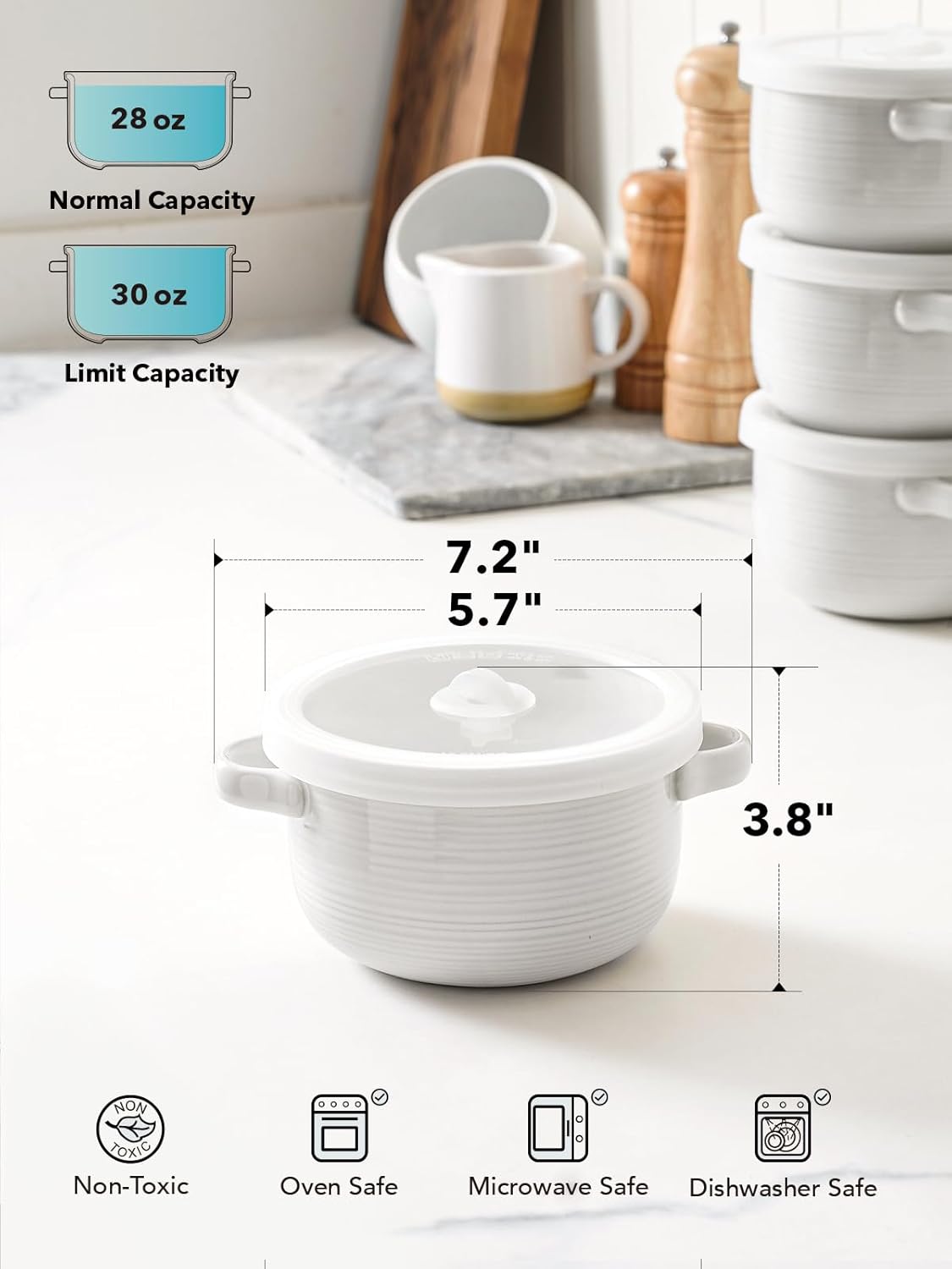 LE TAUCI Tazones de sopa con asas y tapas de silicona, cuencos de cerámica de 28 onzas de cebolla francesa, aptos para horno y microondas, para cereales, chiles y estofados, platos de sopa no tóxicos,