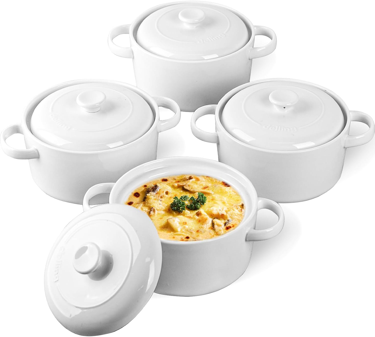 DELLING 28 Oz Soup Bowls with Handles and Lids, Large French Onion Soup Bowls, Ceramic Soup Crocks for French Onion, Oven Safe Bowls for Chili, Beef Stew, Cereal, Pot Pies, Bowls Set of 4, White