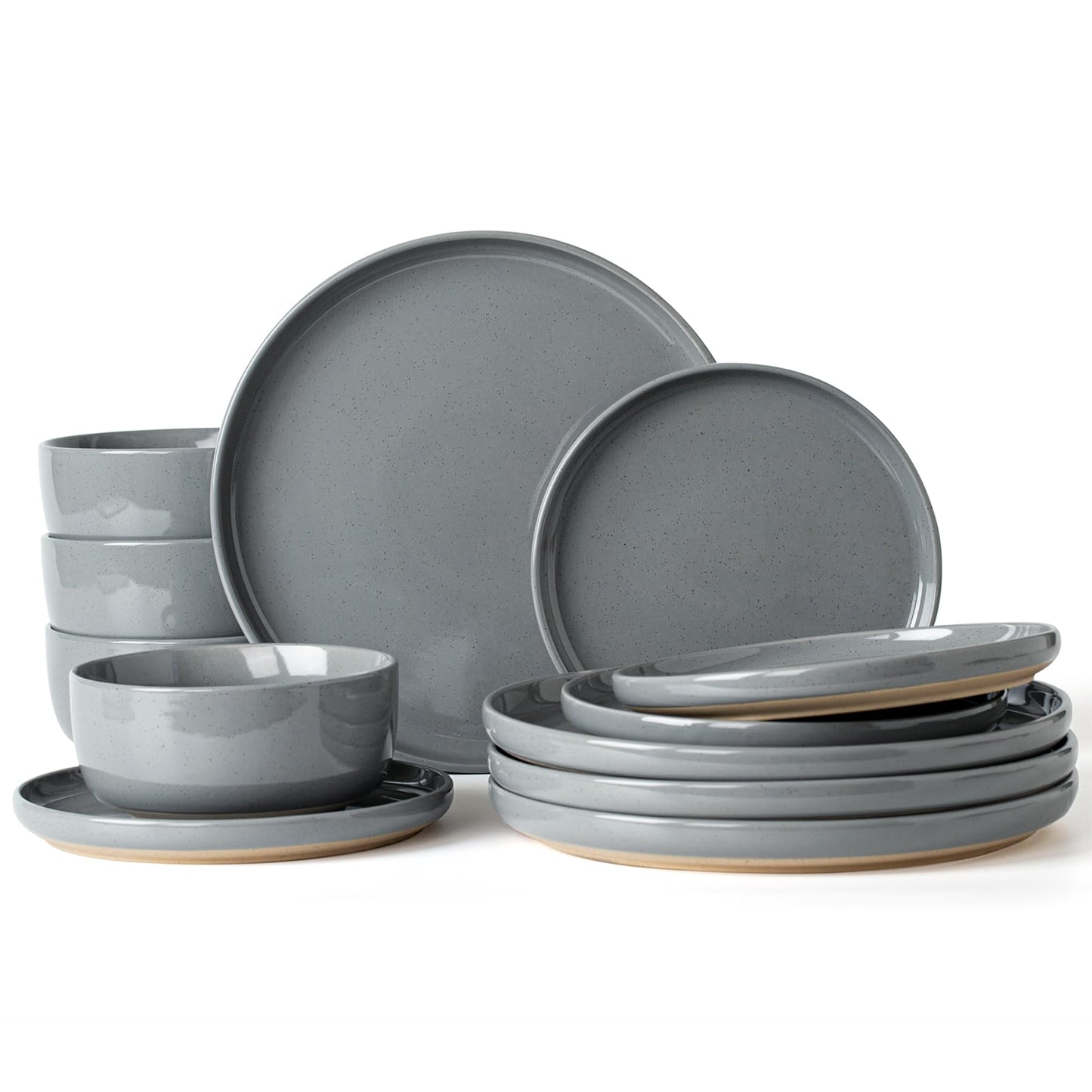 Famiware Milkyway Plates and Bowls Set, 12 Pieces Dinnerware Sets, Dishes Set for 4, Light Gray