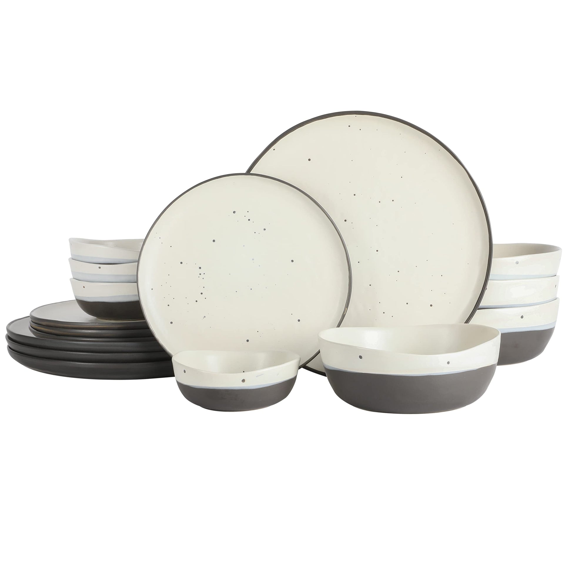 Gibson Elite Kings Road Double Plates and Bowl Organic Round Porcelain Dinnerware Set - Matte Black w/Gold Rim