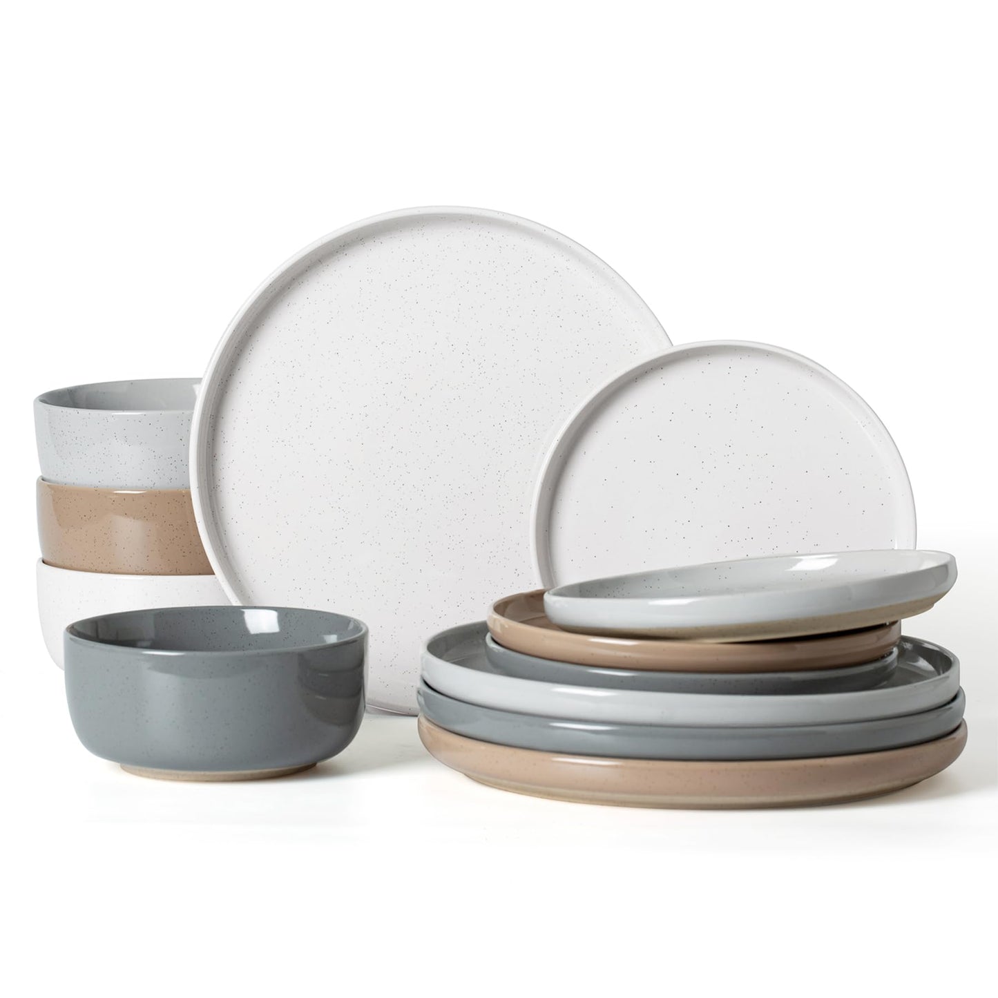 Famiware Milkyway Plates and Bowls Set, 12 Pieces Dinnerware Sets, Dishes Set for 4, Light Gray