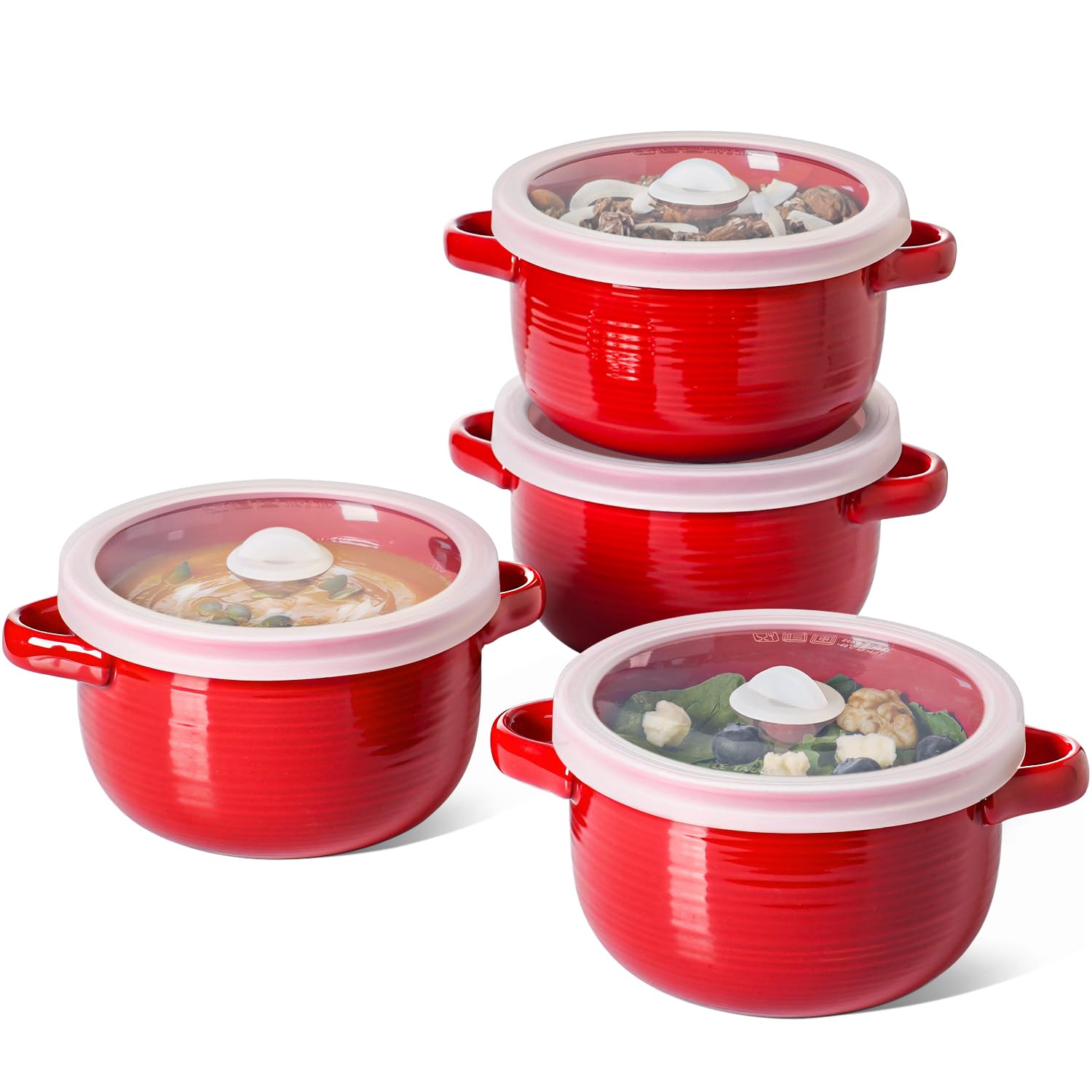LE TAUCI Tazones de sopa con asas y tapas de silicona, cuencos de cerámica de 28 onzas de cebolla francesa, aptos para horno y microondas, para cereales, chiles y estofados, platos de sopa no tóxicos,