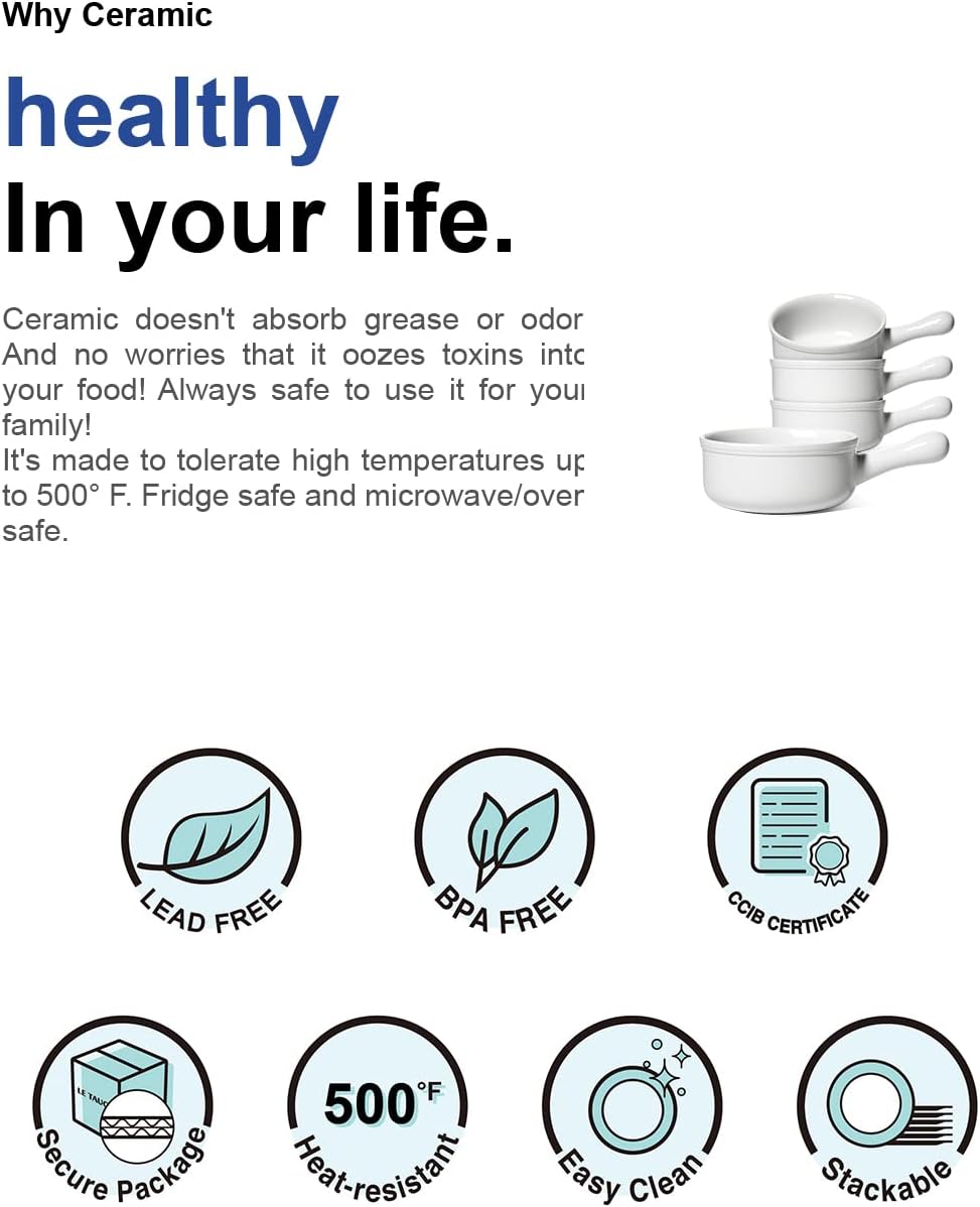 LE TAUCI Soup Bowls with Handle, 15 Oz Ceramic French Onion Soup Bowls, Large Soup Crocks Oven Safe for Stew, Onion, Soup, Chilli, Set of 4, White