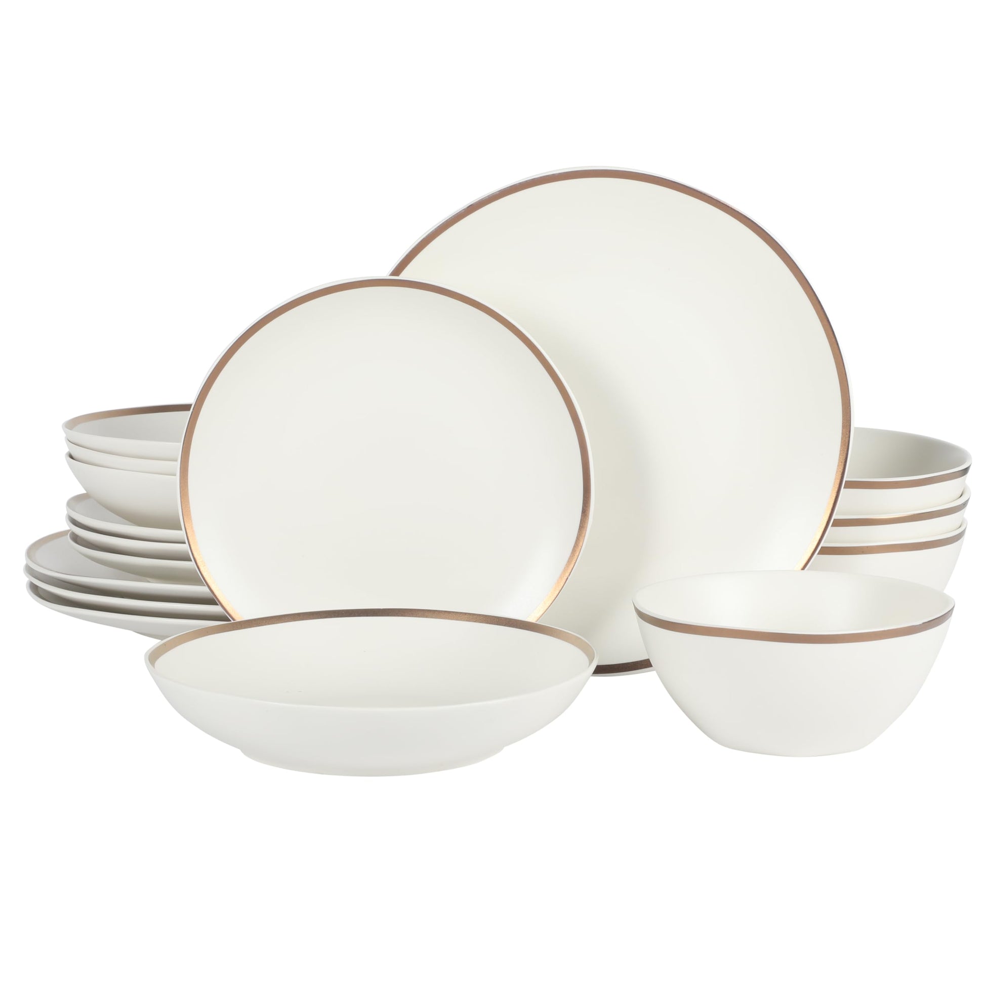 Gibson Elite Kings Road Double Plates and Bowl Organic Round Porcelain Dinnerware Set - Matte Black w/Gold Rim