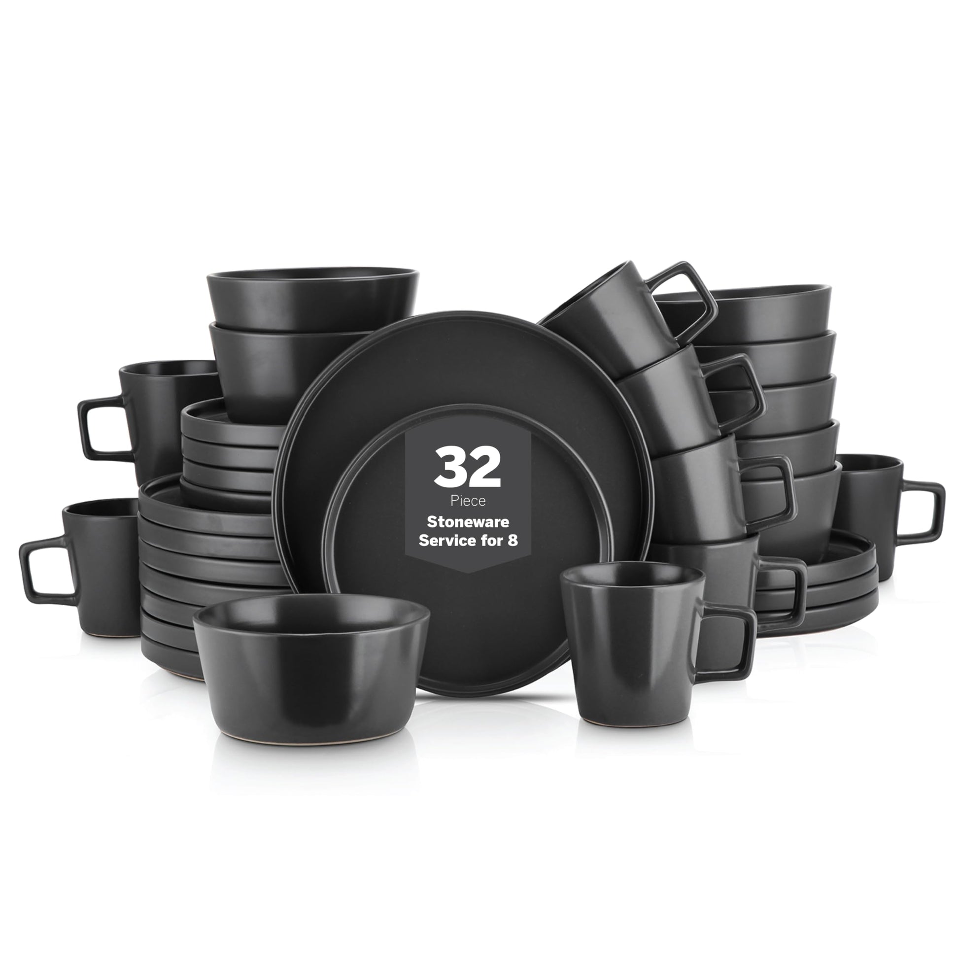 Stone Lain Celina Stoneware 16 Piece Dinnerware Set, Plates and Bowls, Black Matte Dish, Service for 4 – Minimalist Round Style, Microwave & Dishwasher Safe