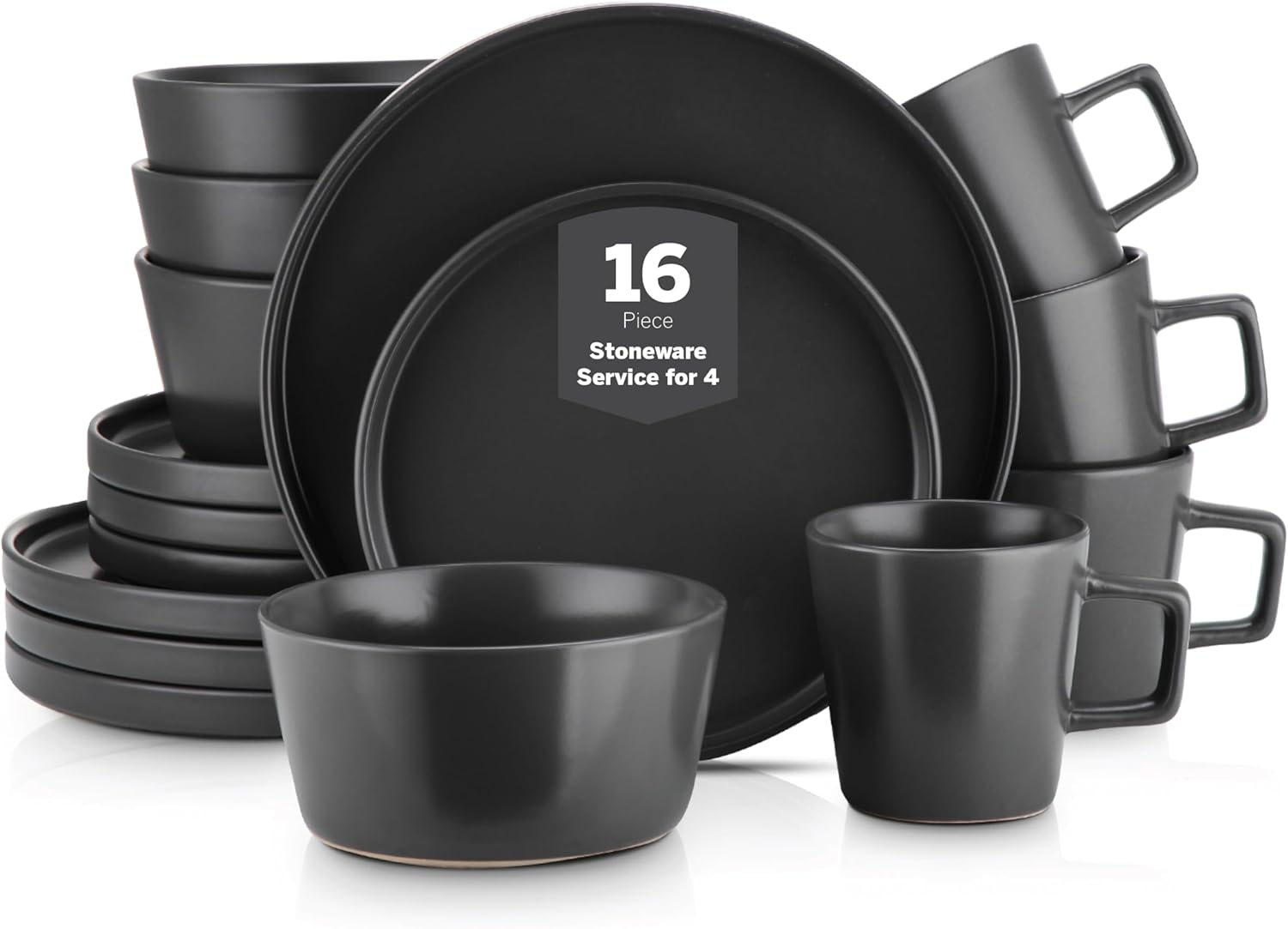 Stone Lain Celina Stoneware 16 Piece Dinnerware Set, Plates and Bowls, Black Matte Dish, Service for 4 – Minimalist Round Style, Microwave & Dishwasher Safe