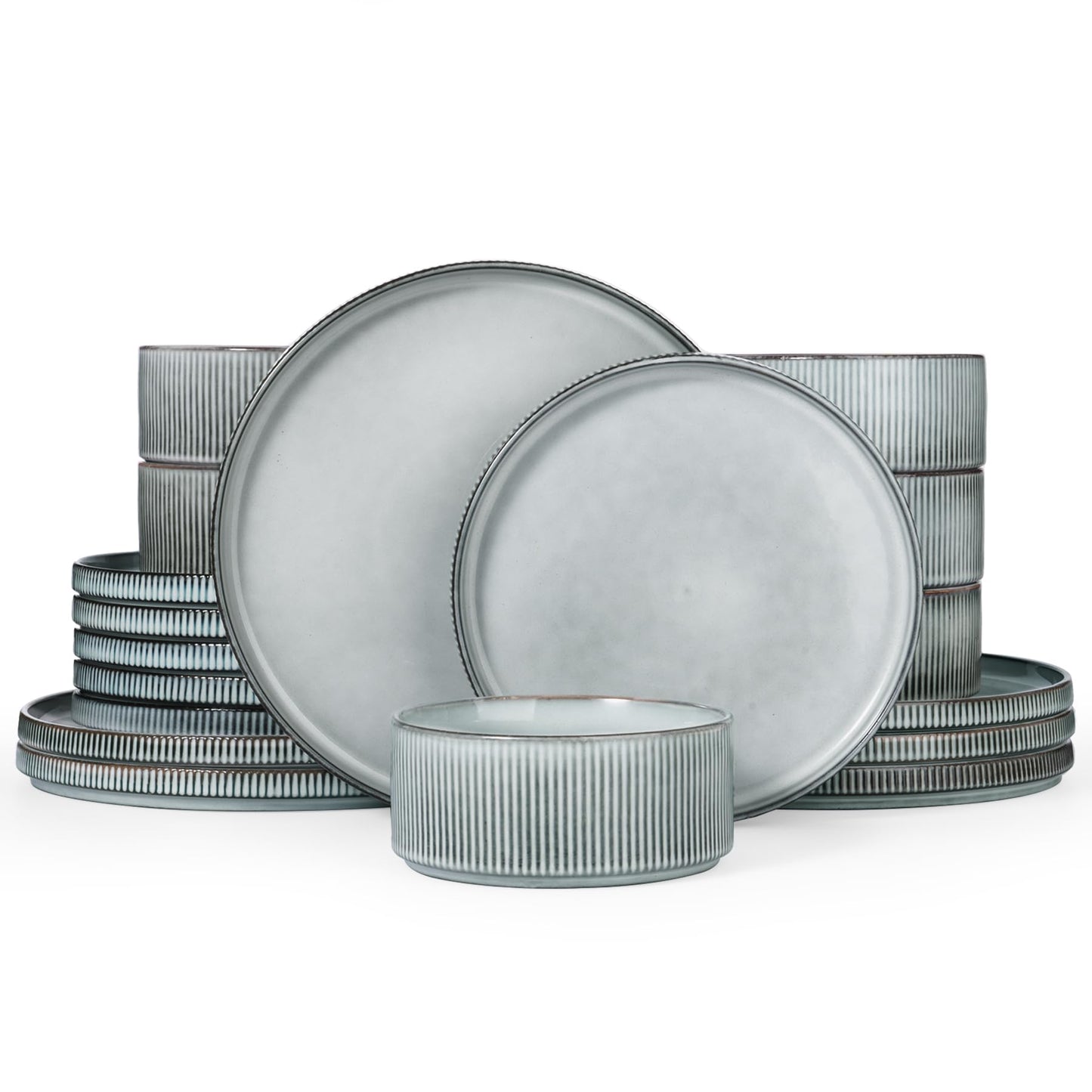Famiware Star Dinnerware Sets, Plates and Bowls Set for 4, 12 Pieces Ribbed Dishes - Chip and Scratch Resistant, Microwave and Dishwasher Safe Tableware, Smoky Blue