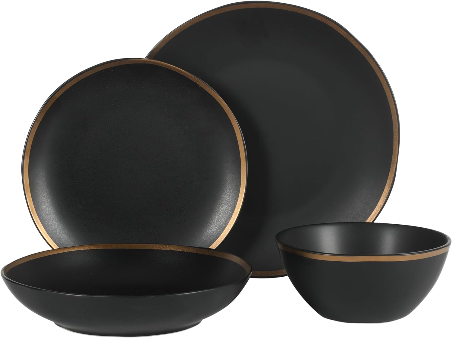 Gibson Elite Kings Road Double Plates and Bowl Organic Round Porcelain Dinnerware Set - Matte Black w/Gold Rim