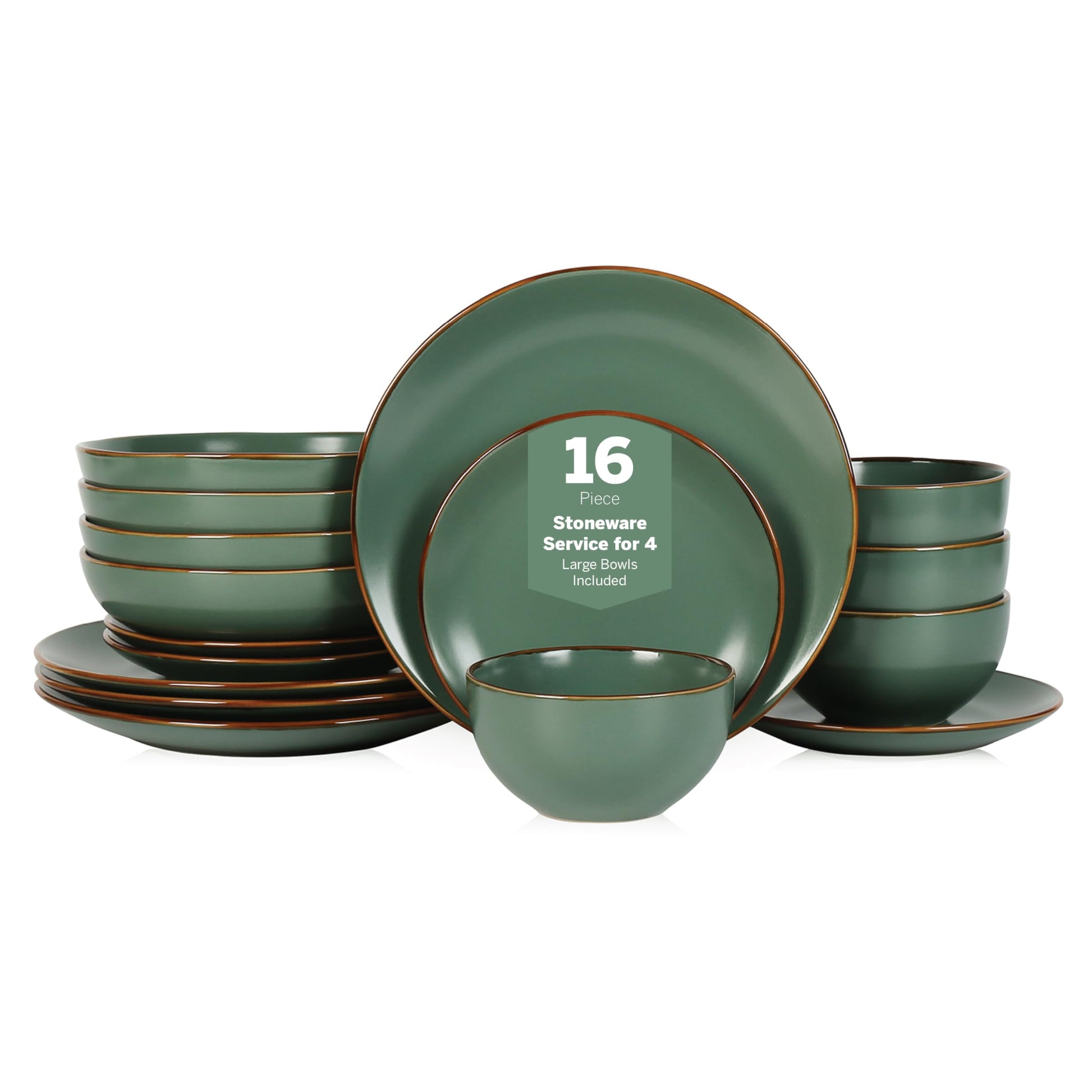 Stone Lain, Stoneware, Service for 4, Light Green, Plates and Bowls Sets, Dinnerware Set with 4 Dinner - & 4 Salad Plates, 4 Pasta - & 4 Round Bowls, Dishwasher & Microwave Safe, 16-Piece