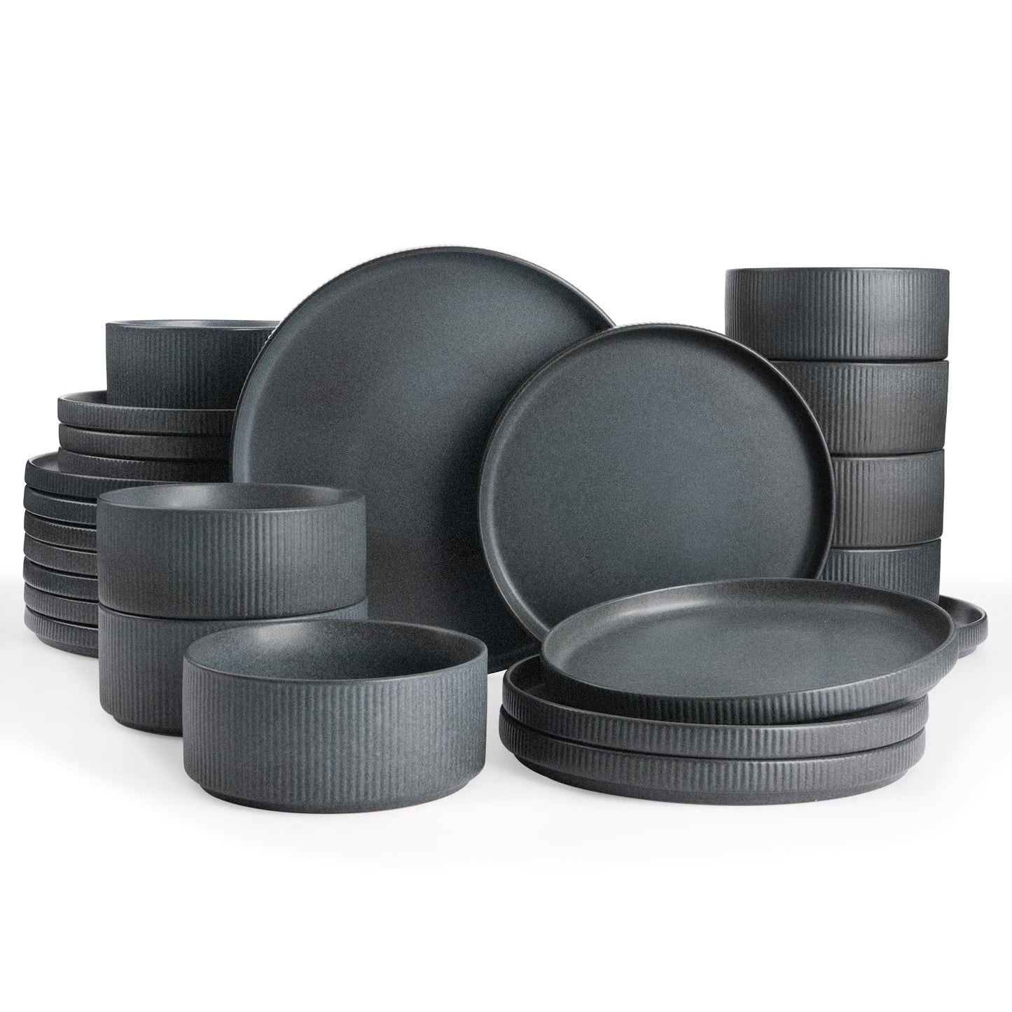 Famiware Star Dinnerware Sets, Plates and Bowls Set for 4, 12 Pieces Ribbed Dishes - Chip and Scratch Resistant, Microwave and Dishwasher Safe Tableware, Smoky Blue