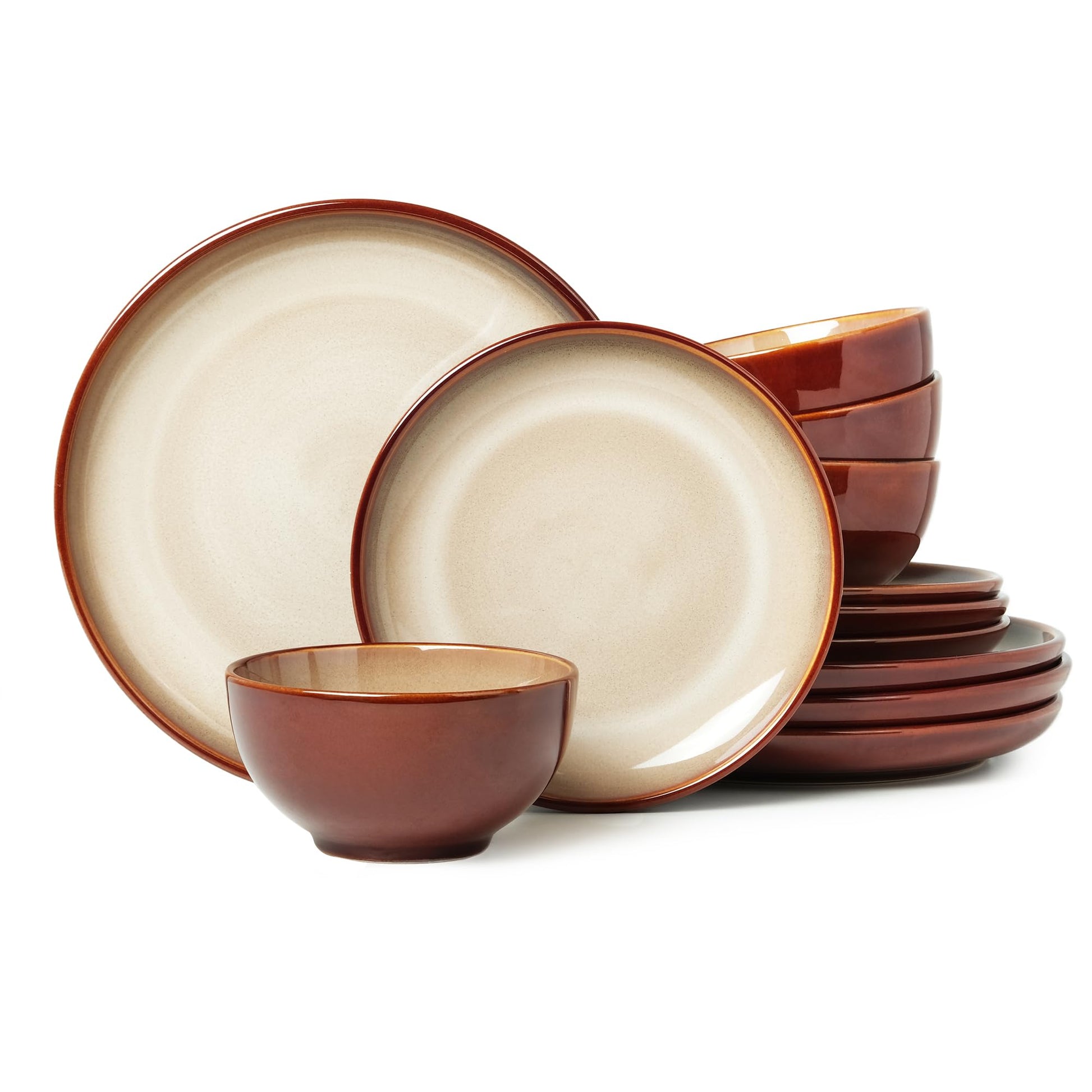 Stoneware Dinnerware Sets Service for 4, 12 pcs Reactive Glaze Plates and Bowls Sets, Handmade Ceramic Dish Set, Highly Chip and Crack Resistant Modern Plate Set, Brown Green