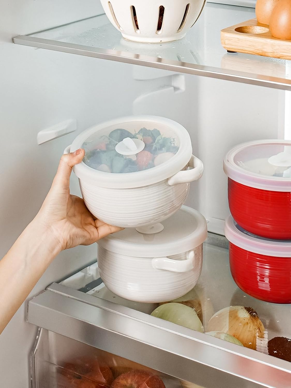 LE TAUCI Tazones de sopa con asas y tapas de silicona, cuencos de cerámica de 28 onzas de cebolla francesa, aptos para horno y microondas, para cereales, chiles y estofados, platos de sopa no tóxicos,