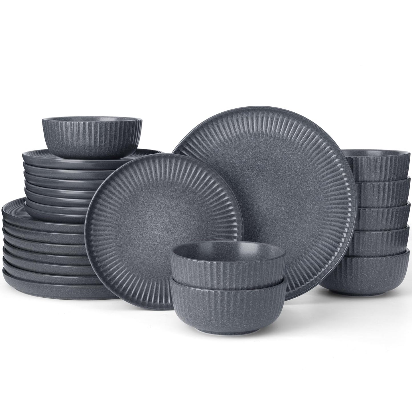 Famiware Star Dinnerware Sets, Plates and Bowls Set for 4, 12 Pieces Ribbed Dishes - Chip and Scratch Resistant, Microwave and Dishwasher Safe Tableware, Smoky Blue