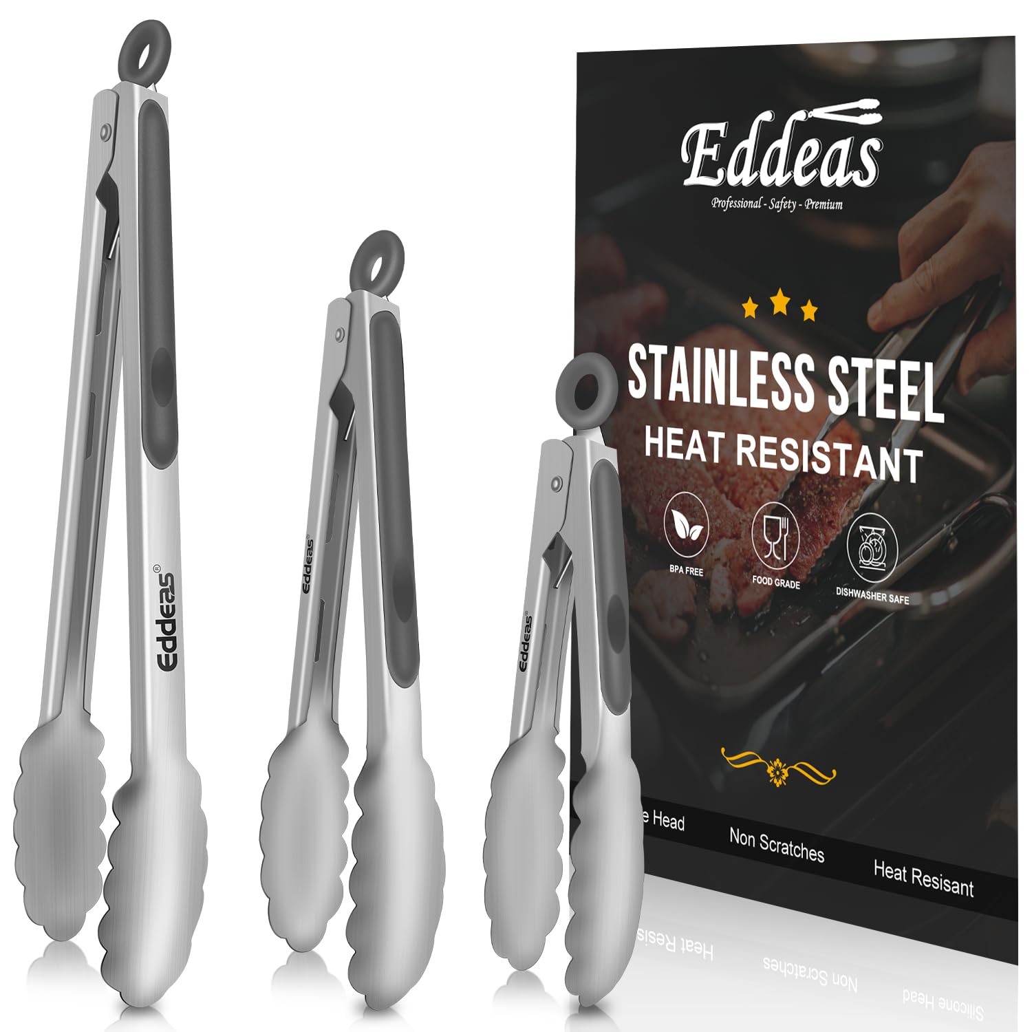 Tongs For Cooking - Heat Resistant 600 Degrees Stainless Steel Kitchen Tong,Heavy Duty Metal Locking Tongs - Perfect for Food,Salad and BBQ set of 3 (7",9" and 12") Dishwasher