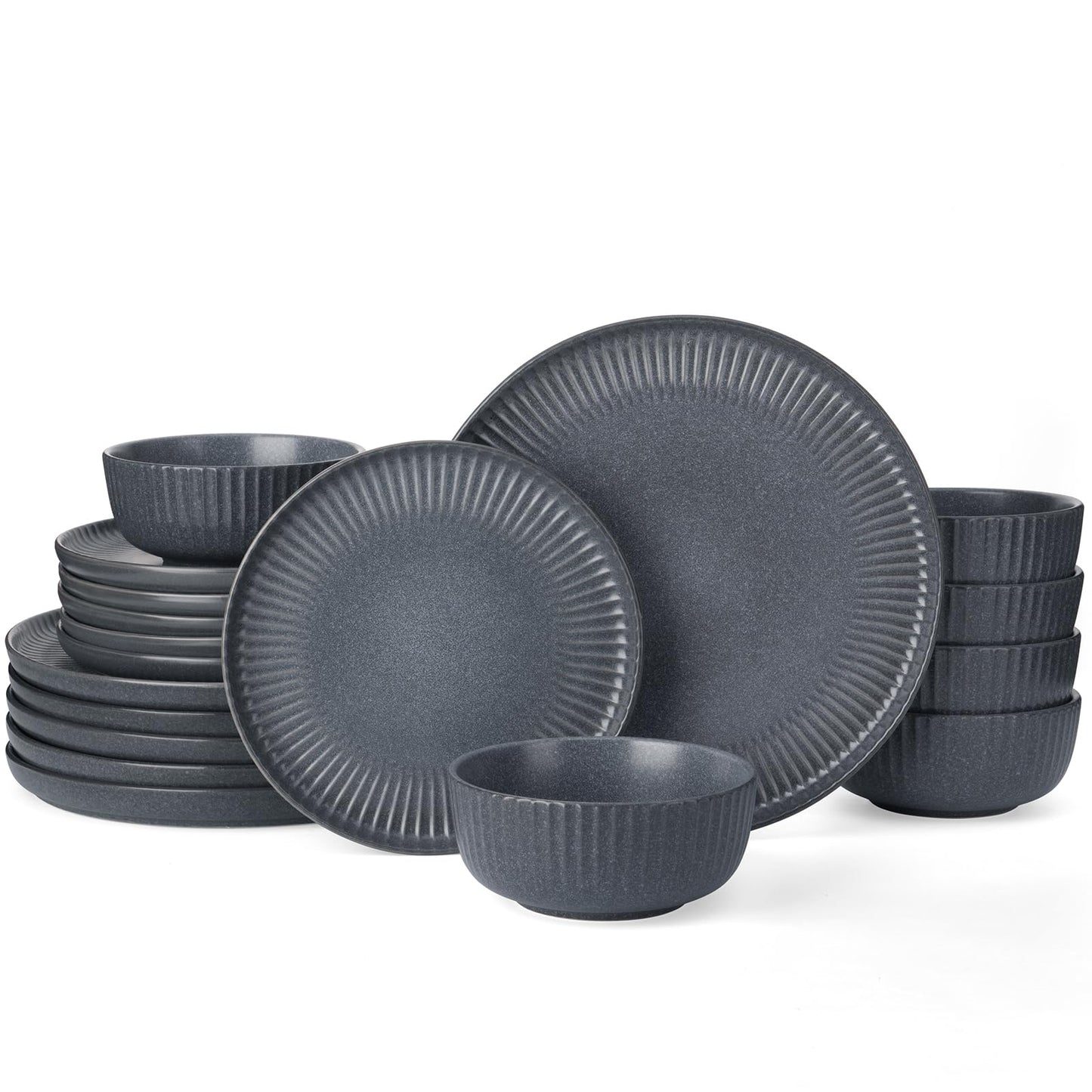 Famiware Star Dinnerware Sets, Plates and Bowls Set for 4, 12 Pieces Ribbed Dishes - Chip and Scratch Resistant, Microwave and Dishwasher Safe Tableware, Smoky Blue