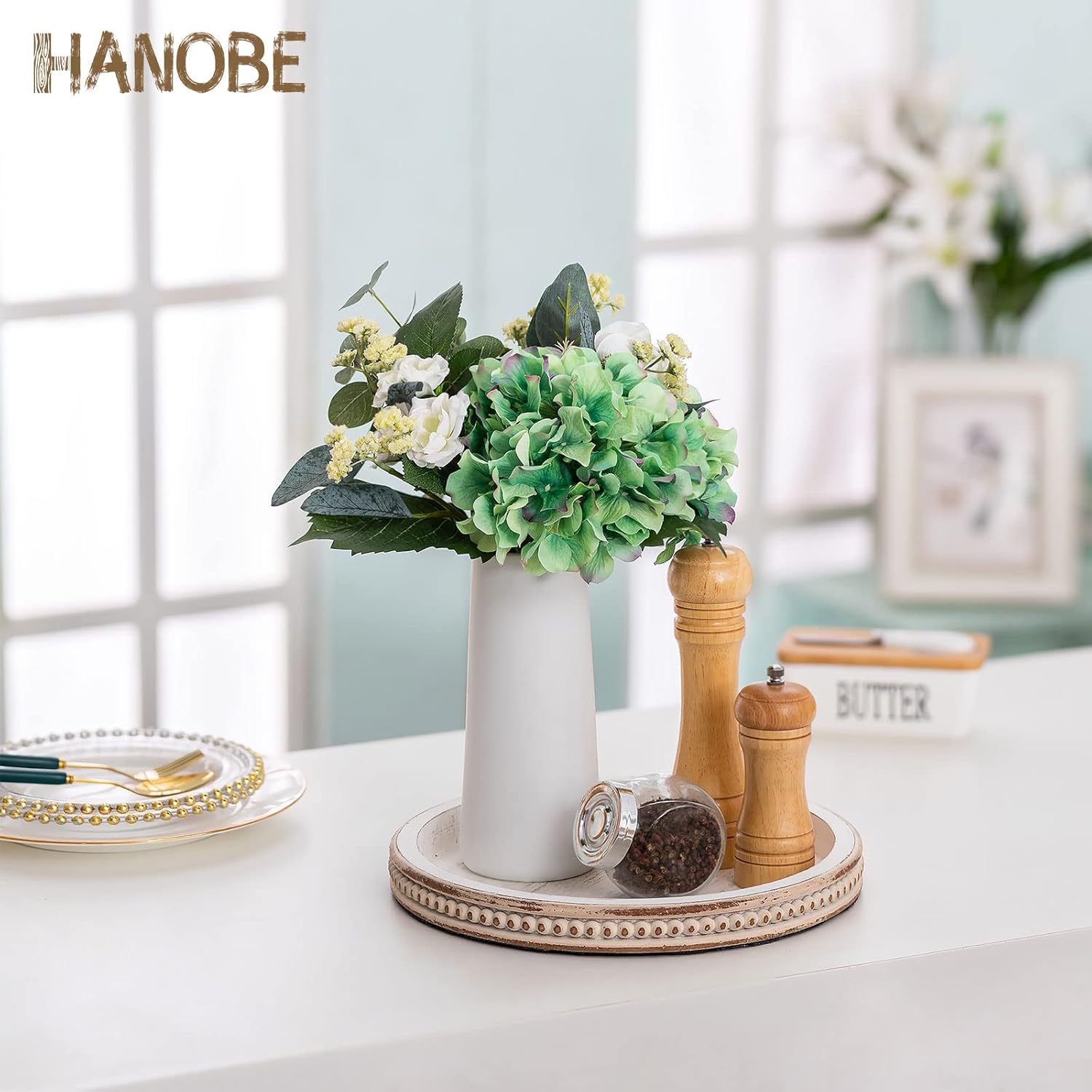 Hanobe Decorative Serving Tray Wood: White Washed Bead Round Tray Decor for Coffee Table Rustic Wooden Trays Farmhouse Centerpiece for Living Room Kitchen Counter