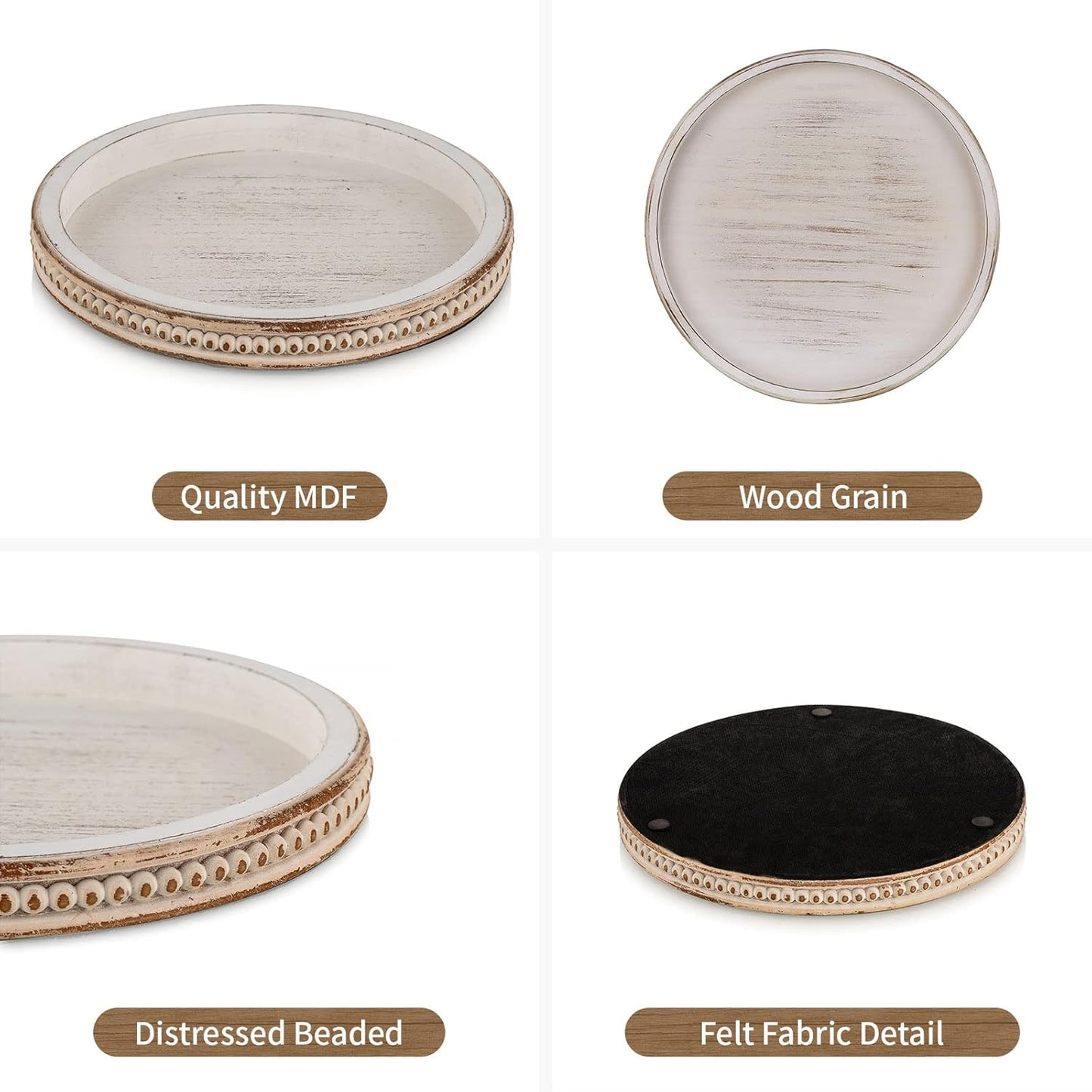 Hanobe Decorative Serving Tray Wood: White Washed Bead Round Tray Decor for Coffee Table Rustic Wooden Trays Farmhouse Centerpiece for Living Room Kitchen Counter