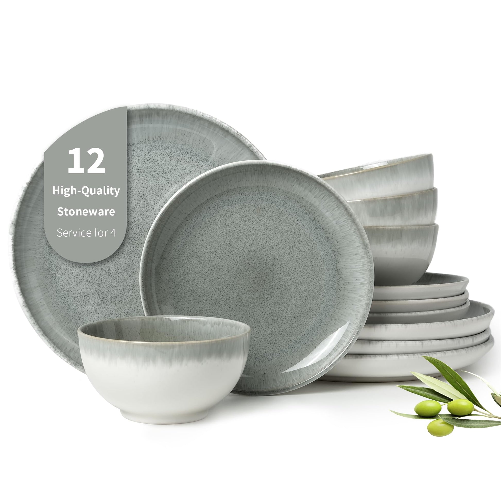 Stoneware Dinnerware Sets Service for 4, 12 pcs Reactive Glaze Plates and Bowls Sets, Handmade Ceramic Dish Set, Highly Chip and Crack Resistant Modern Plate Set, Brown Green