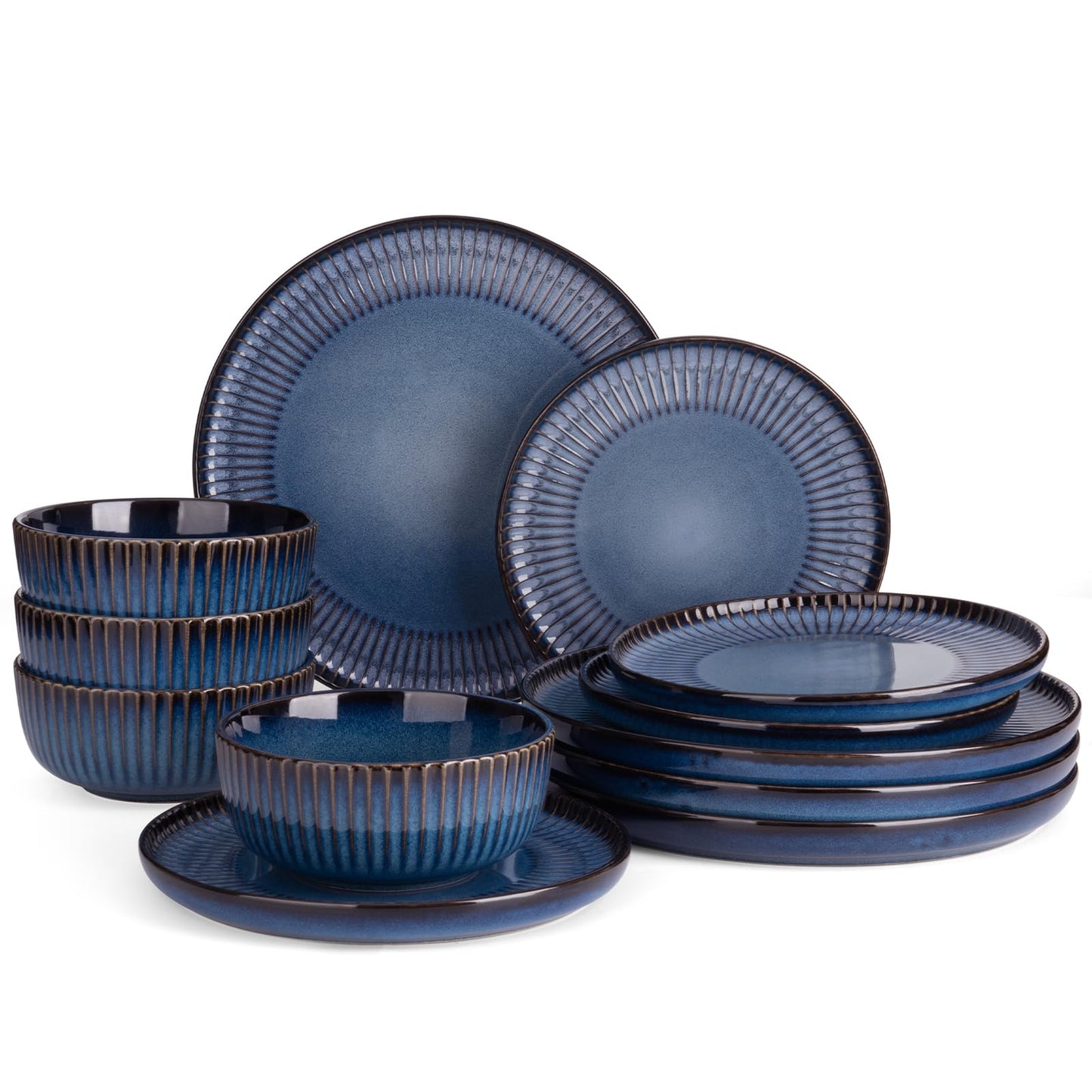 Famiware Star Dinnerware Sets, Plates and Bowls Set for 4, 12 Pieces Ribbed Dishes - Chip and Scratch Resistant, Microwave and Dishwasher Safe Tableware, Smoky Blue