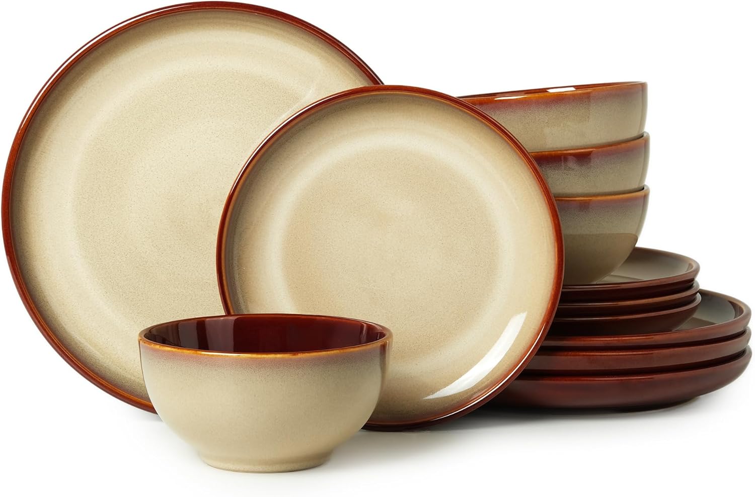 Stoneware Dinnerware Sets, Ceramic Plates and Bowls Set, Microwave & Dishwasher Safe Kitchen Dish Set, Modern Dinner Salad Plates | Cereal Bowls for 4, Dishware Sets Brown Yellow