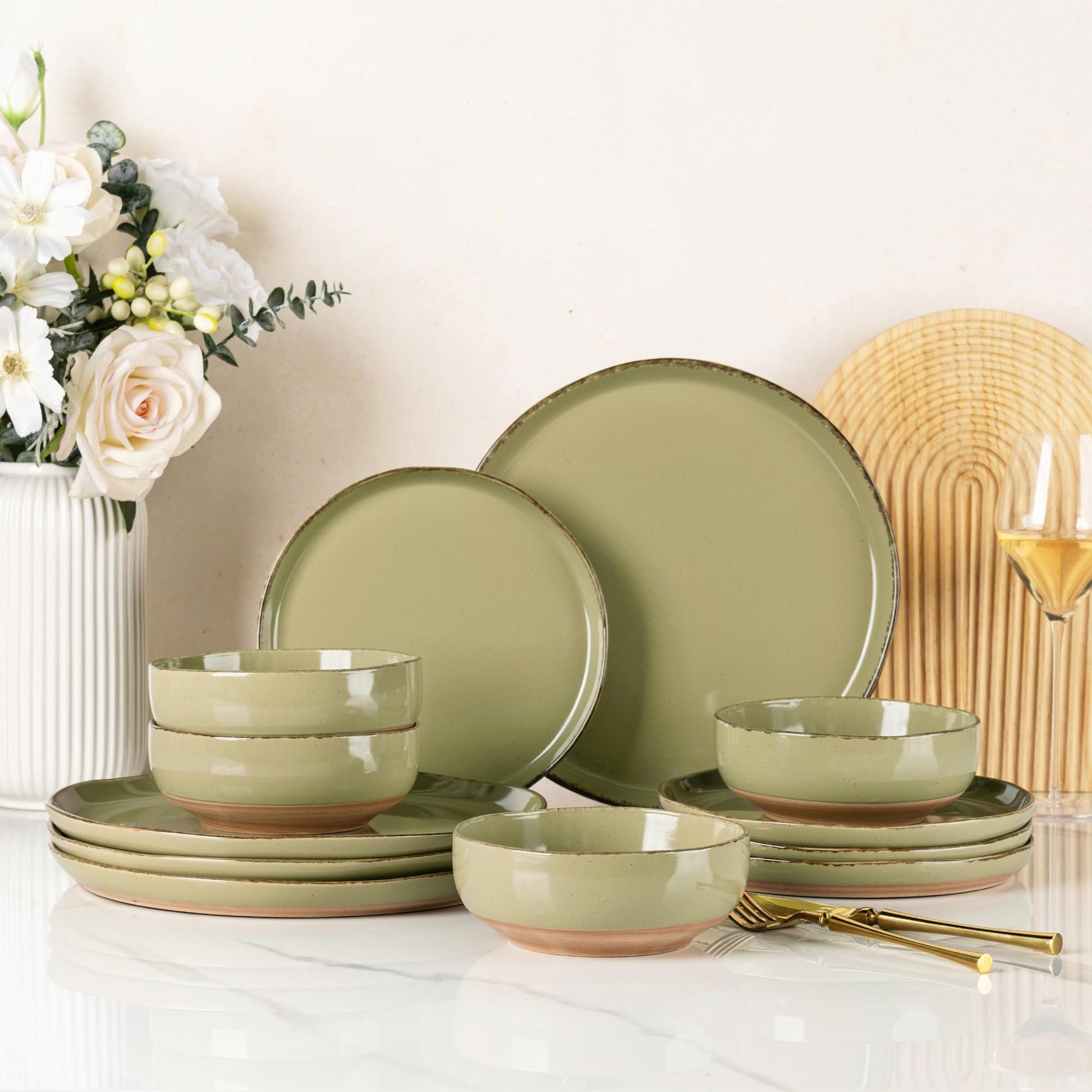 AmorArc Ceramic Dinnerware Sets for 4, 12 Pieces Handpainted Plates and Bowls Set with Rustic Terracotta Underside, Scratch Resistant Stoneware Dishes Set, Dishwasher & Microwave Safe, Gray