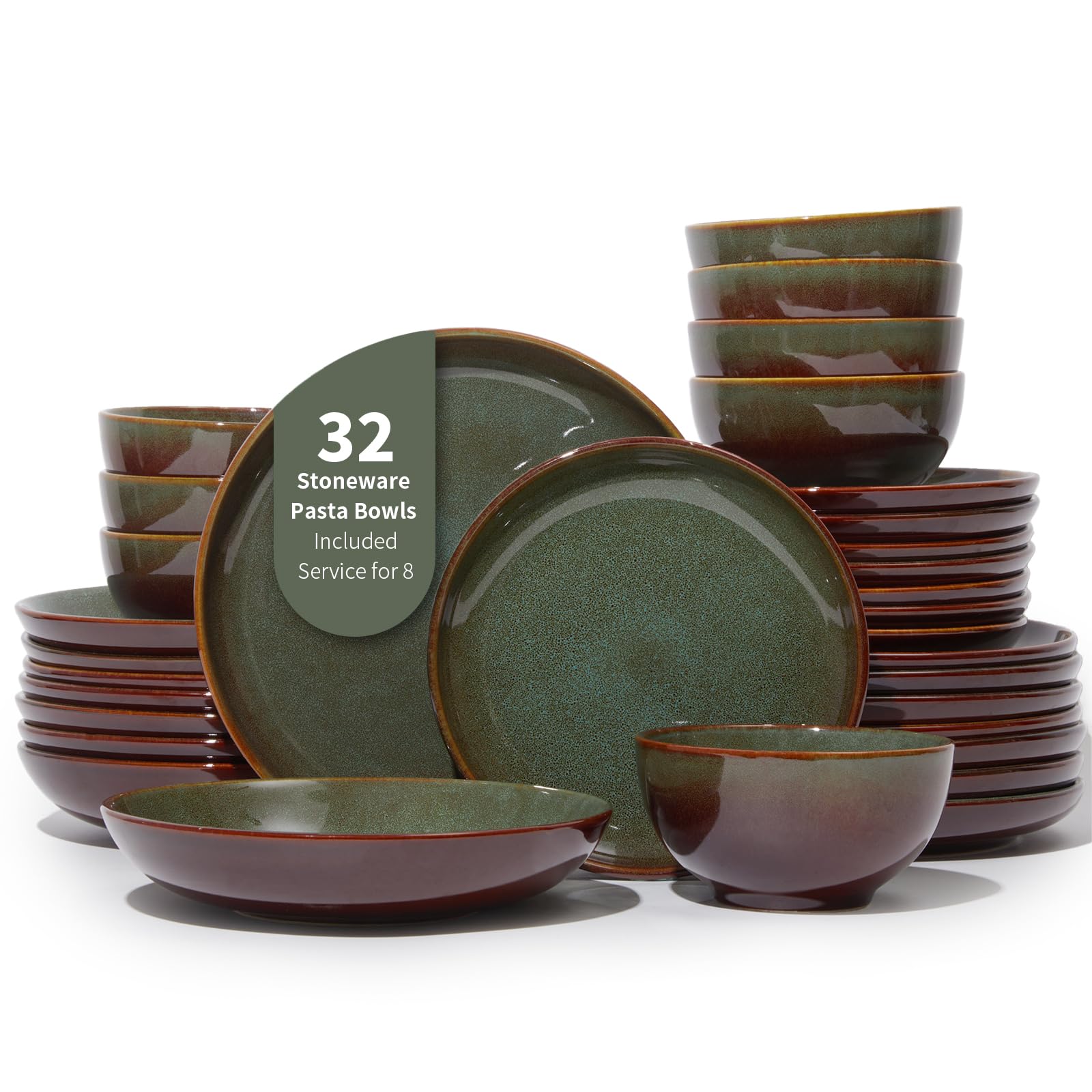Stoneware Dinnerware Sets Service for 4, 12 pcs Reactive Glaze Plates and Bowls Sets, Handmade Ceramic Dish Set, Highly Chip and Crack Resistant Modern Plate Set, Brown Green