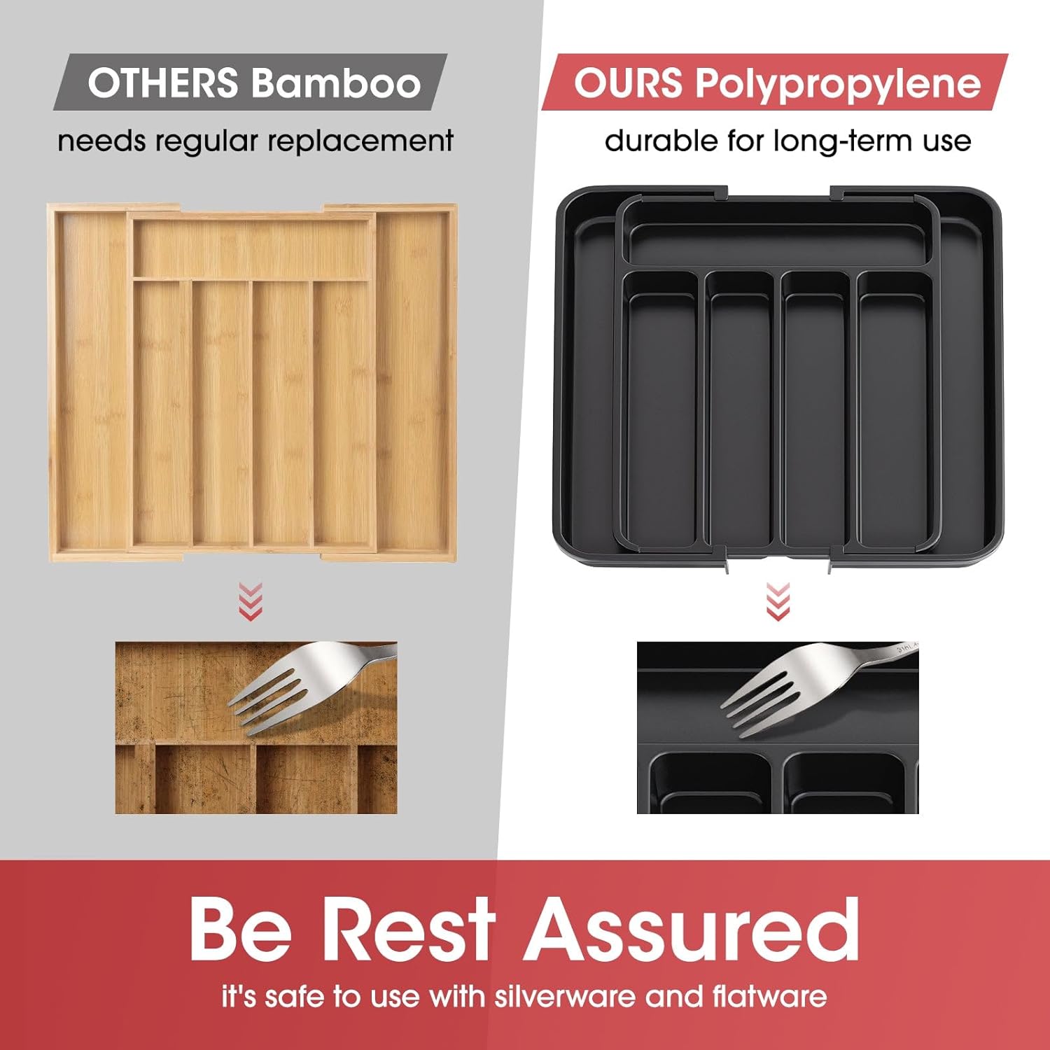 Aujen Silverware Organizer - Expandable Kitchen Drawer Organizer, Adjustable Utensil Organizer, Cutlery Tray for Forks, Knives, Multipurpose Kitchen Organizers and Storage Solution, Black, Medium