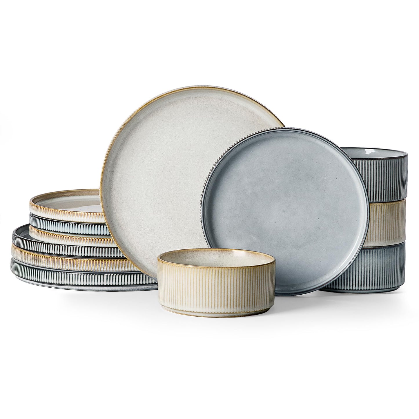 Famiware Star Dinnerware Sets, Plates and Bowls Set for 4, 12 Pieces Ribbed Dishes - Chip and Scratch Resistant, Microwave and Dishwasher Safe Tableware, Smoky Blue