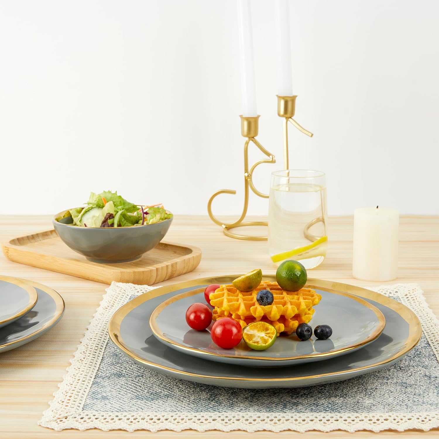 Porcelain Luxury Dinnerware Sets, Modern Plates and Bowls Sets for 4, Highly Chip and Crack Resistant, Grey and Gold Rim China Dishes Set for Wedding Anniversary