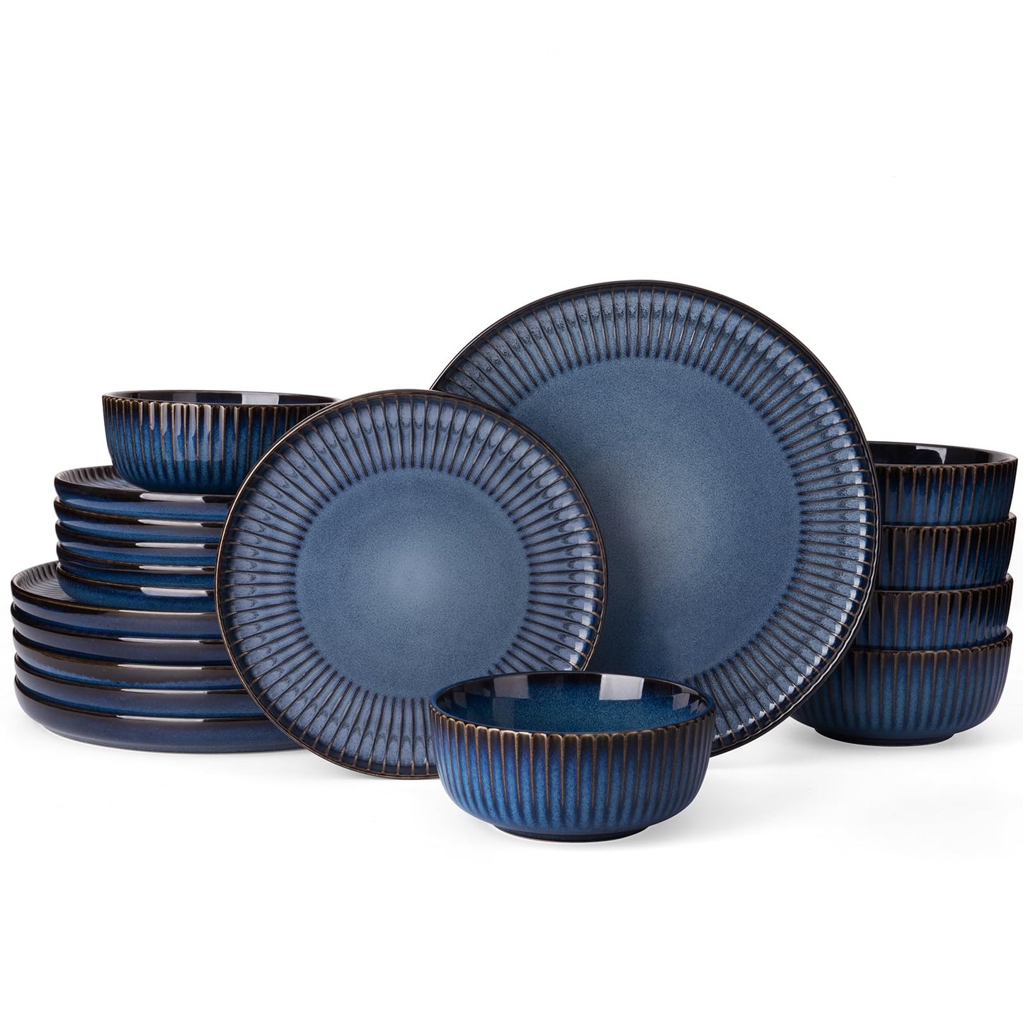 Famiware Star Dinnerware Sets, Plates and Bowls Set for 4, 12 Pieces Ribbed Dishes - Chip and Scratch Resistant, Microwave and Dishwasher Safe Tableware, Smoky Blue