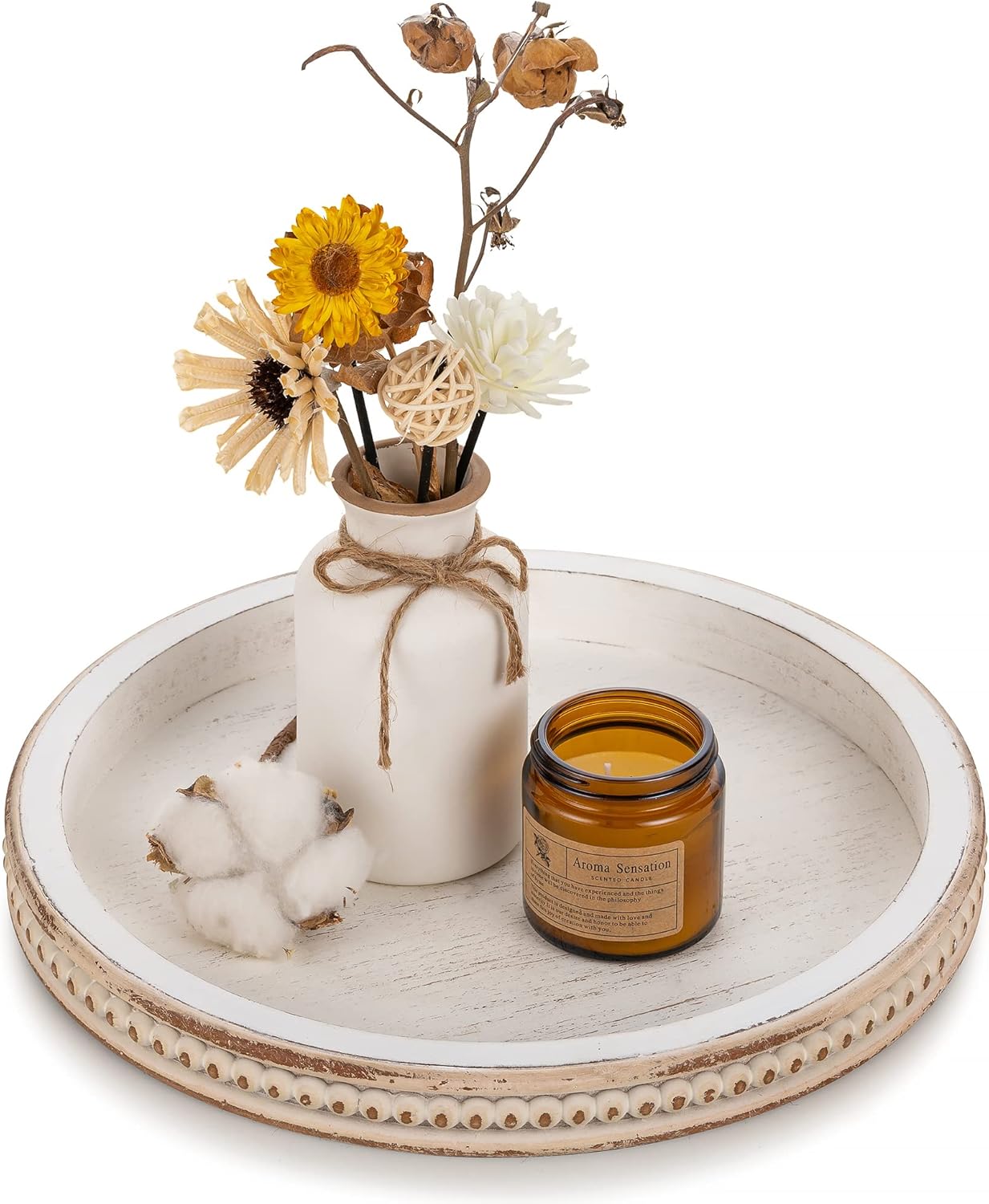 Hanobe Decorative Serving Tray Wood: White Washed Bead Round Tray Decor for Coffee Table Rustic Wooden Trays Farmhouse Centerpiece for Living Room Kitchen Counter