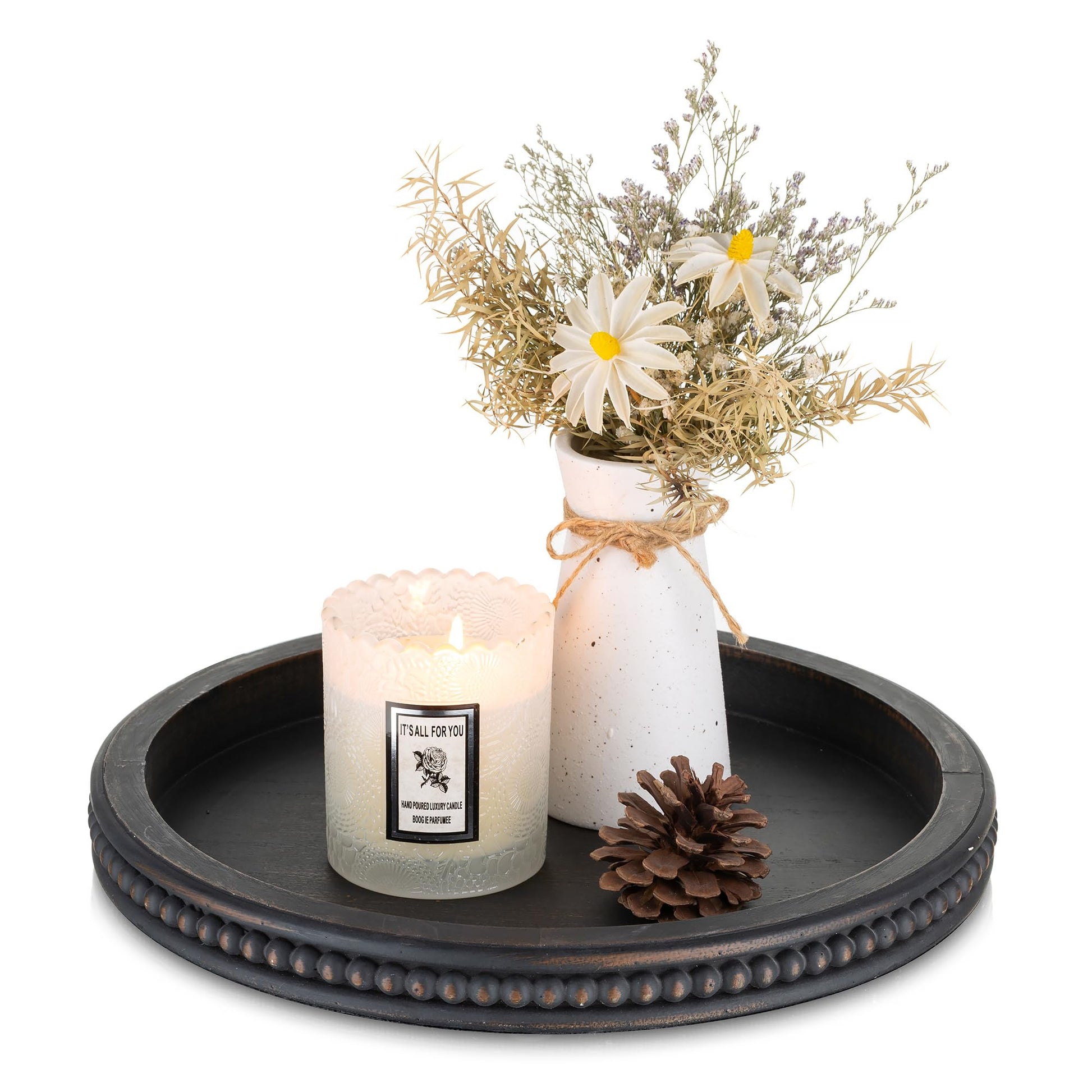 Hanobe Decorative Serving Tray Wood: White Washed Bead Round Tray Decor for Coffee Table Rustic Wooden Trays Farmhouse Centerpiece for Living Room Kitchen Counter