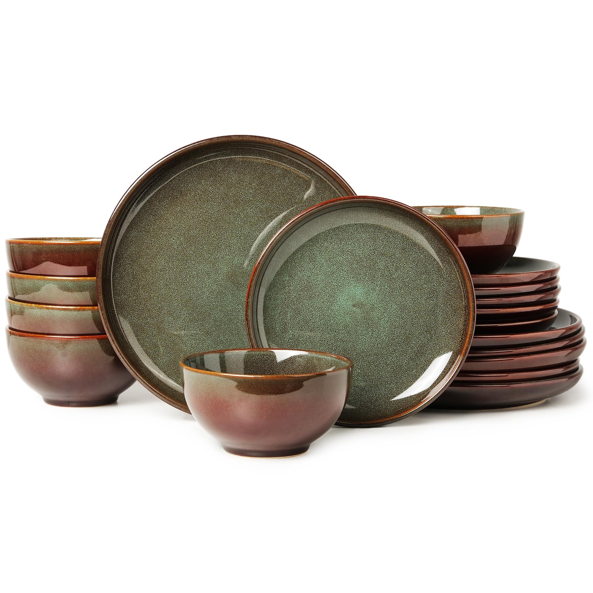 Stoneware Dinnerware Sets Service for 4, 12 pcs Reactive Glaze Plates and Bowls Sets, Handmade Ceramic Dish Set, Highly Chip and Crack Resistant Modern Plate Set, Brown Green
