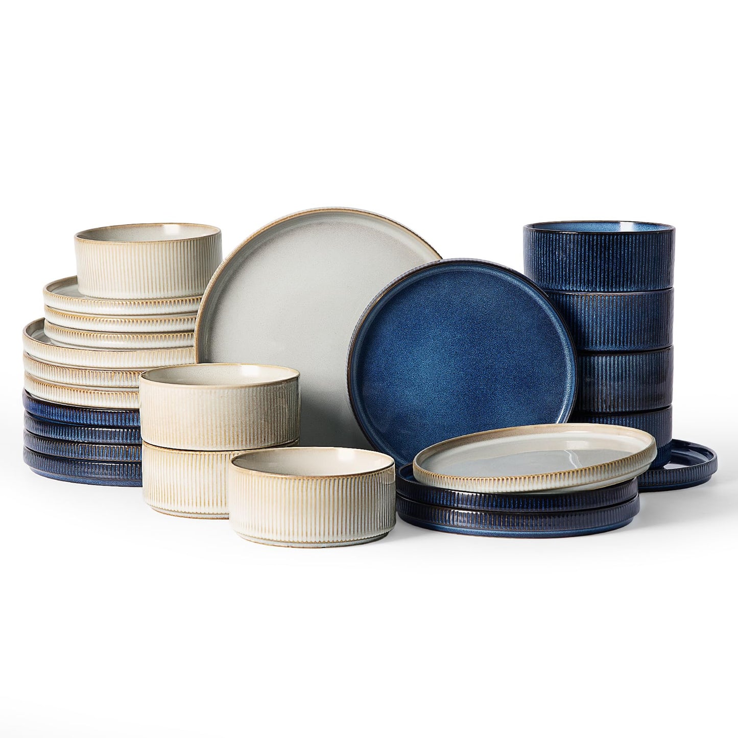 Famiware Star Dinnerware Sets, Plates and Bowls Set for 4, 12 Pieces Ribbed Dishes - Chip and Scratch Resistant, Microwave and Dishwasher Safe Tableware, Smoky Blue