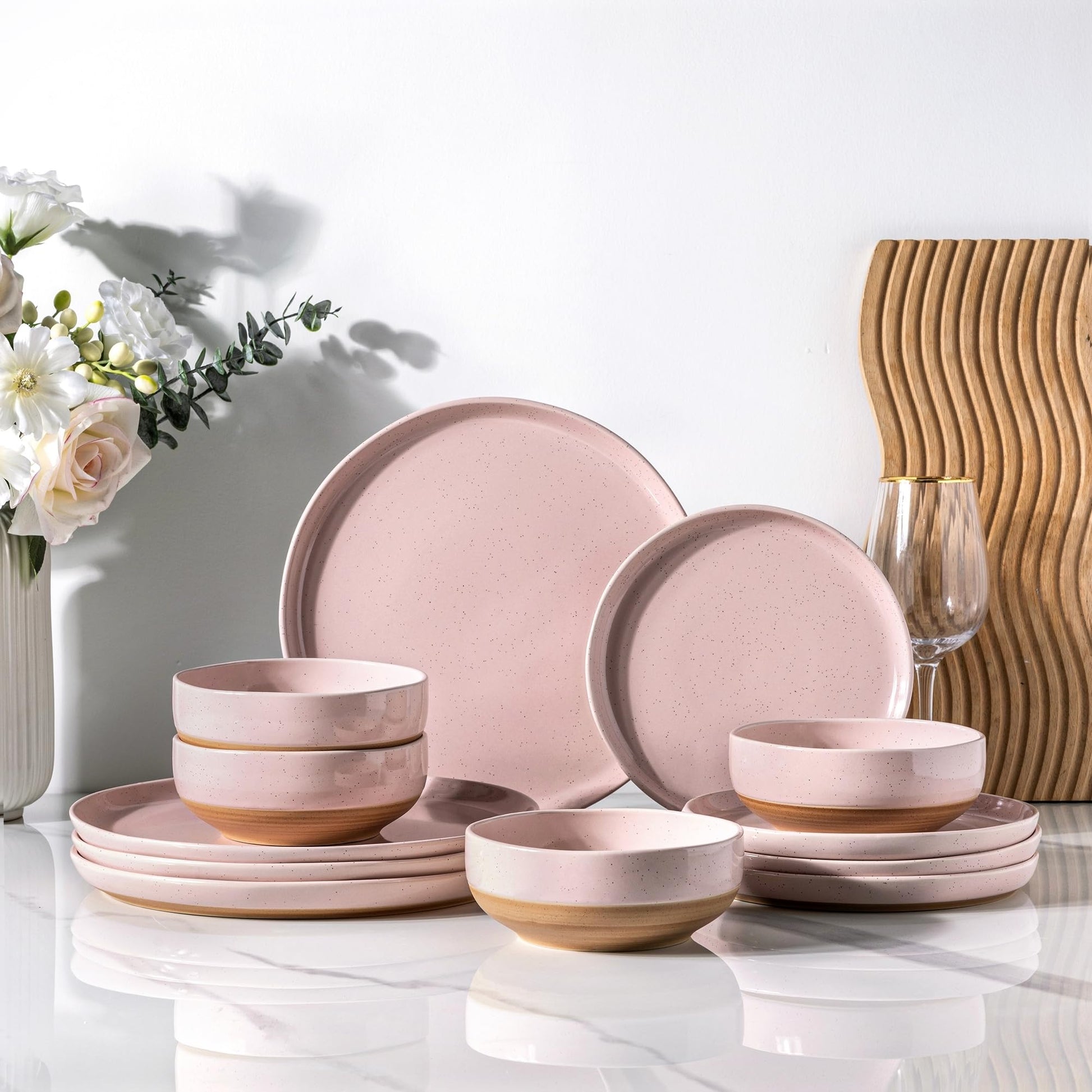 AmorArc Ceramic Dinnerware Sets for 4, 12 Pieces Handpainted Plates and Bowls Set with Rustic Terracotta Underside, Scratch Resistant Stoneware Dishes Set, Dishwasher & Microwave Safe, Gray