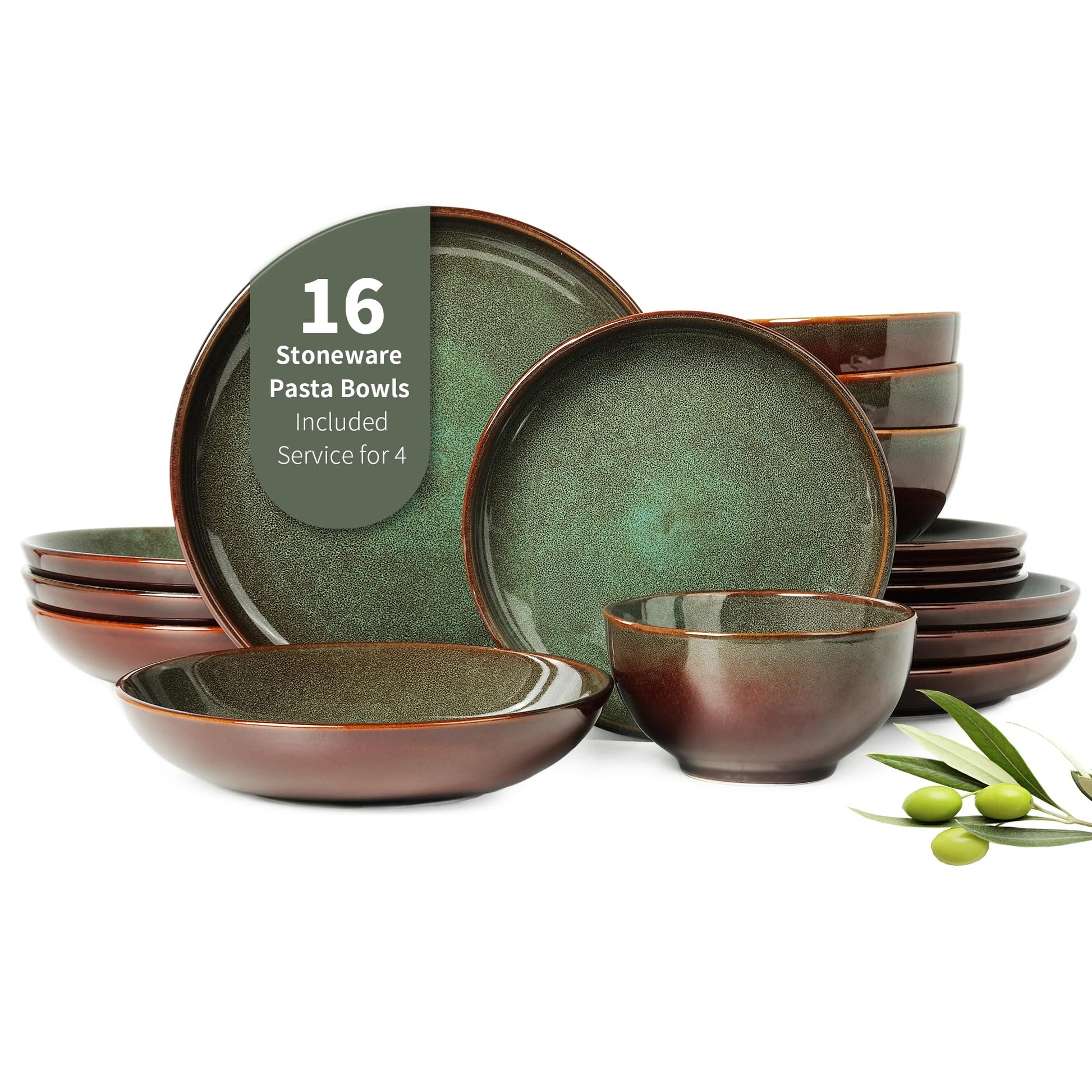 Stoneware Dinnerware Sets Service for 4, 12 pcs Reactive Glaze Plates and Bowls Sets, Handmade Ceramic Dish Set, Highly Chip and Crack Resistant Modern Plate Set, Brown Green