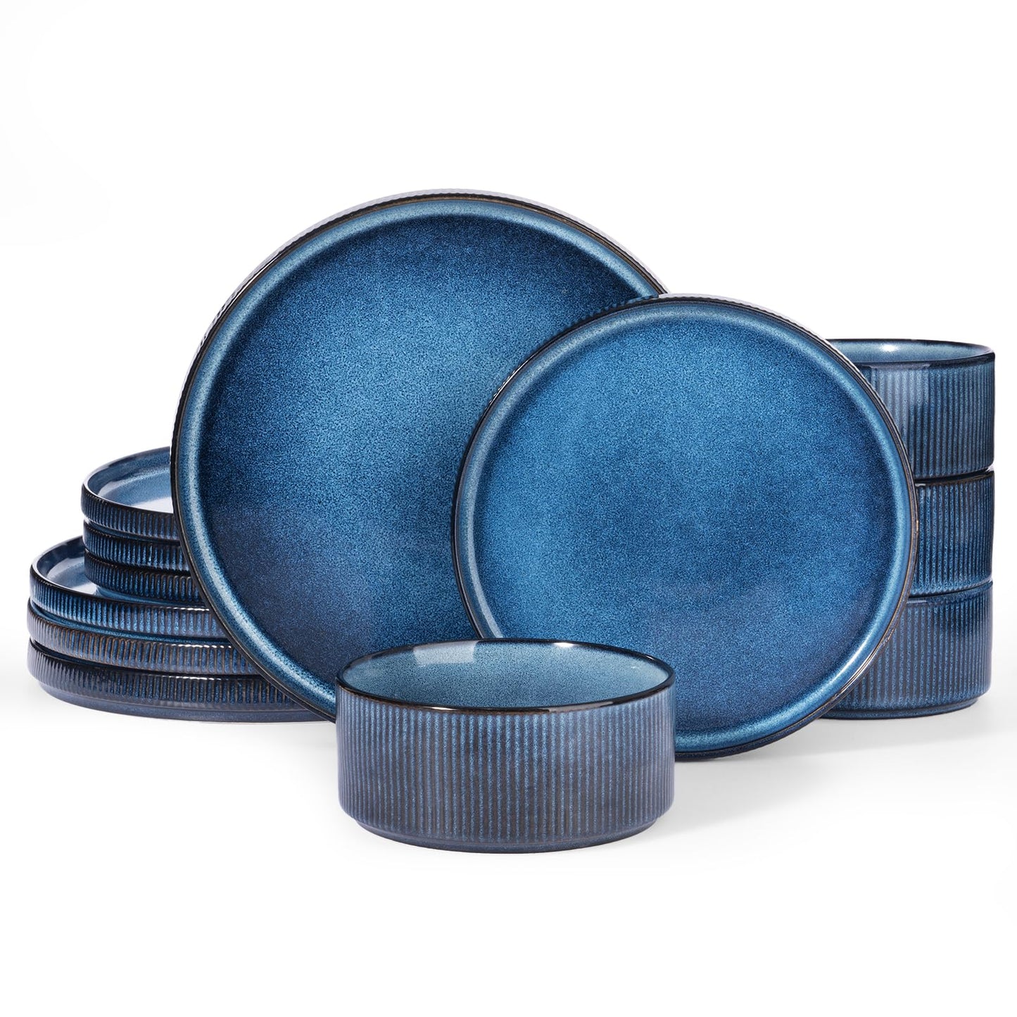 Famiware Star Dinnerware Sets, Plates and Bowls Set for 4, 12 Pieces Ribbed Dishes - Chip and Scratch Resistant, Microwave and Dishwasher Safe Tableware, Smoky Blue