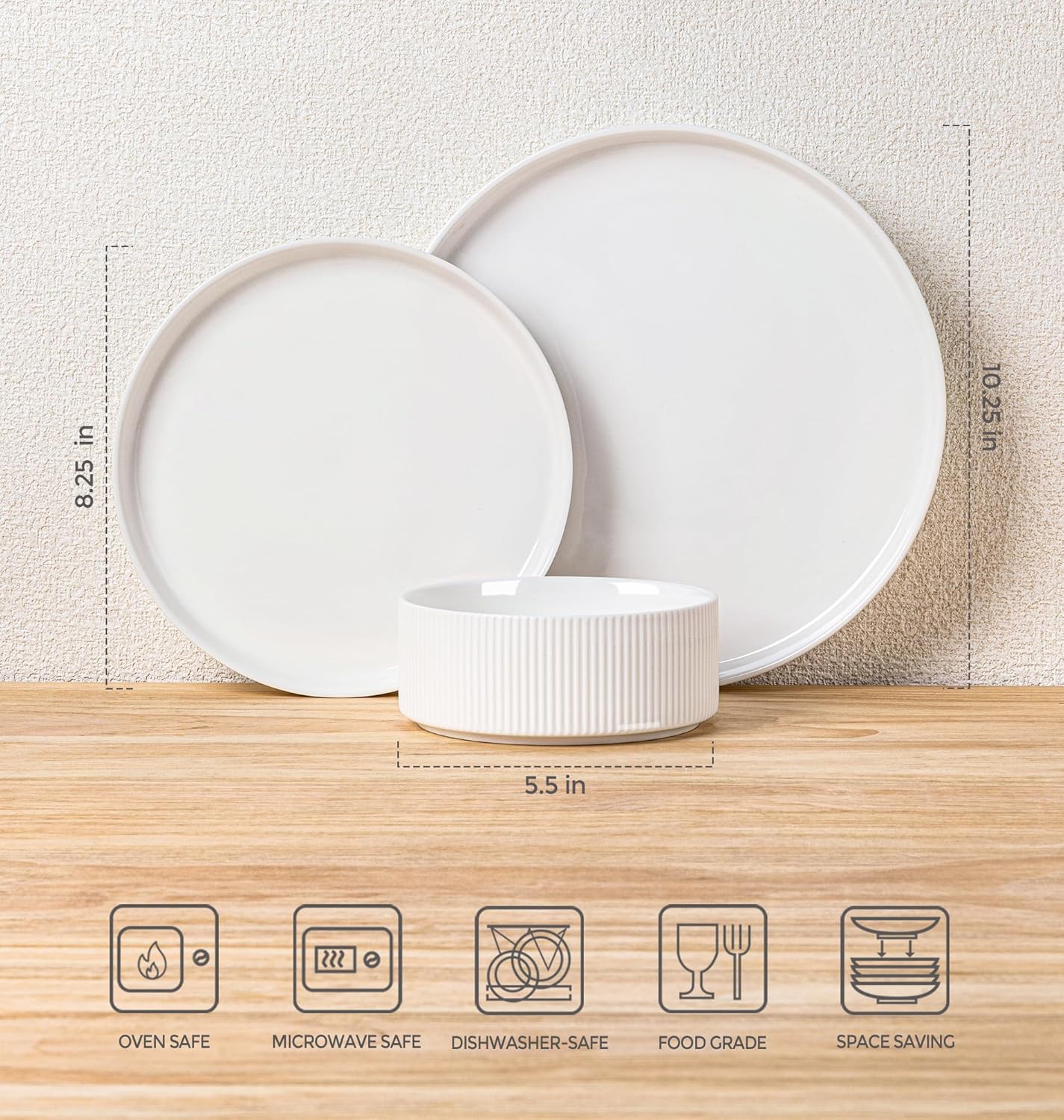 TheTerra Ceramic Dinnerware Sets for 4, 12 Pieces Porcelain Lightweight Plates and Bowls Sets, Scratch Resistant Dish Set, Oven & Microwave & Dishwasher Safe, Bright White