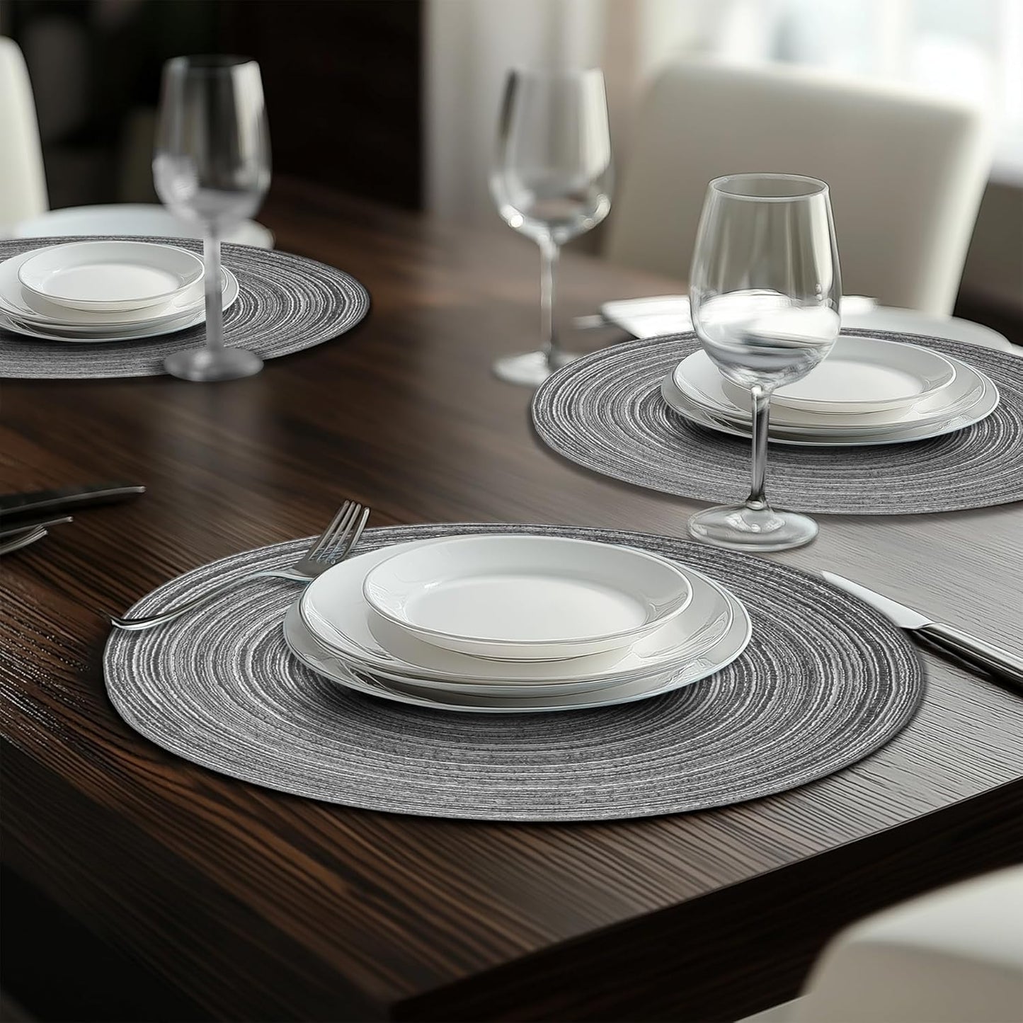 Braided Round Placemats Set of 6, Woven Washable Non-Slip Table Mats for Kitchen Dining, 15 Inch, Heat Resistant - Natural Fabric Indoor Outdoor Place Mats(Beige)
